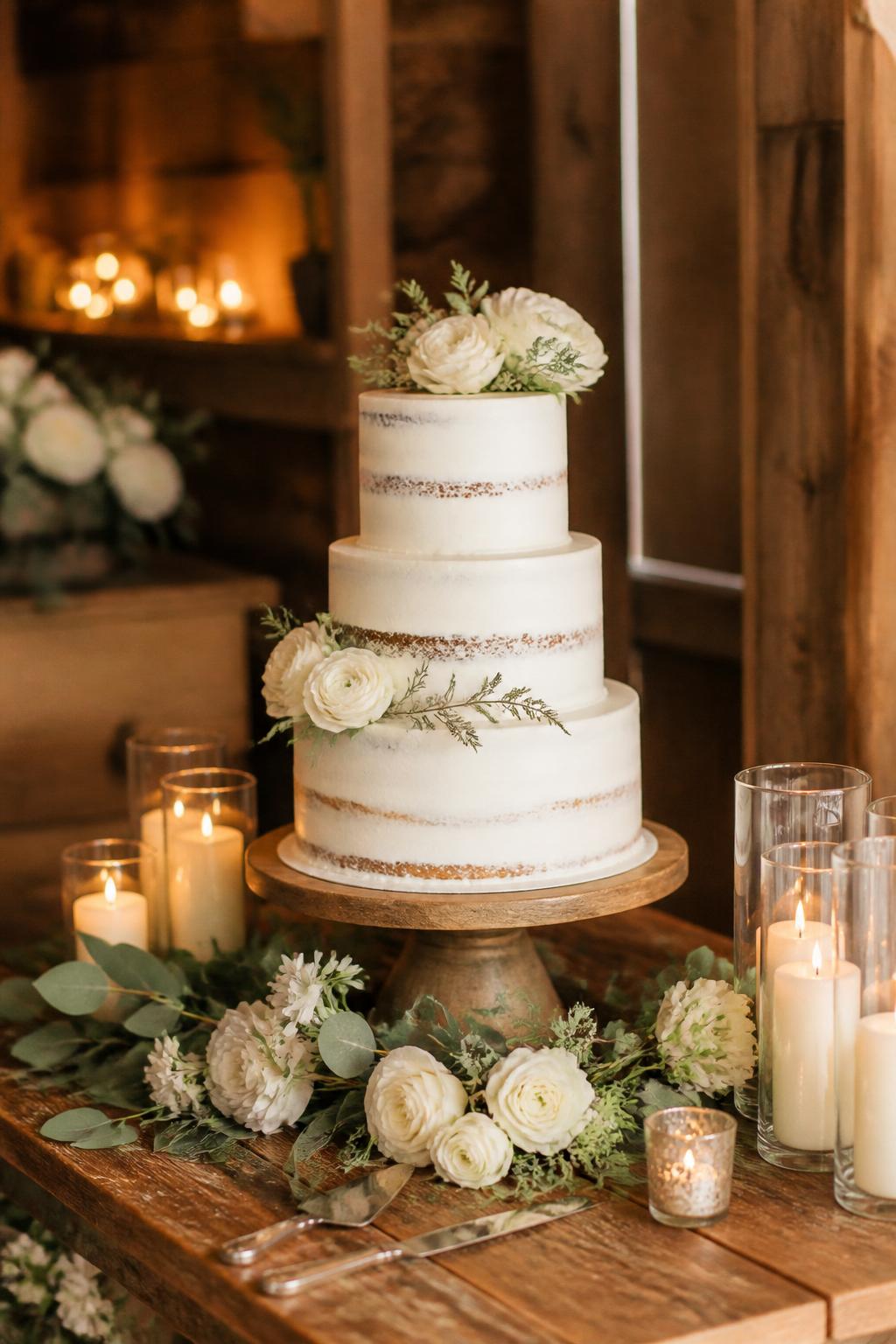 Image Prompt:
A charming rustic wedding cake table featuring a wooden table, a white semi-naked wedding cake on a wood or ceramic cake stand, soft white flowers, eucalyptus greenery, cream candles, and warm barn or countryside lighting. No visible faces, no text, no watermark, realistic editorial wedding photography, (no watermarks on images)