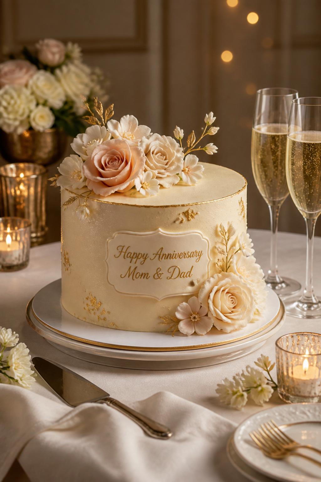 Image Prompt: A chic anniversary cake for parents with pale champagne buttercream, soft shimmer, delicate gold accents, and elegant sugar flowers. Style it beside champagne flutes on a refined dessert table with candles, white linen, and warm celebration lighting. Make it look festive, graceful, and realistic, no people, no faces, no watermark. (no watermarks on images)