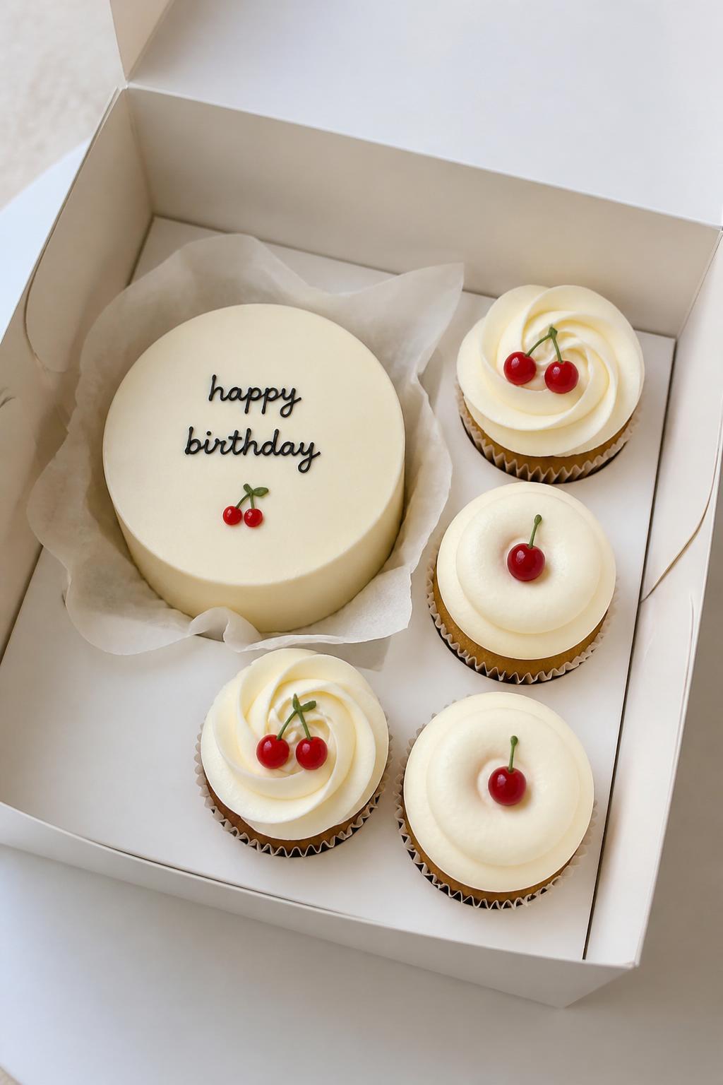 Image Prompt:
A modern Korean style bento cake with cupcakes set in a clean white bakery box, one small pale cream bento cake with a simple handwritten icing message and tiny cherry detail, surrounded by four matching cupcakes with smooth simple frosting swirls and minimal cherry accents, soft neutral background, clean editorial dessert styling, realistic bakery photography, no people, no hands, no faces, no watermarks on images