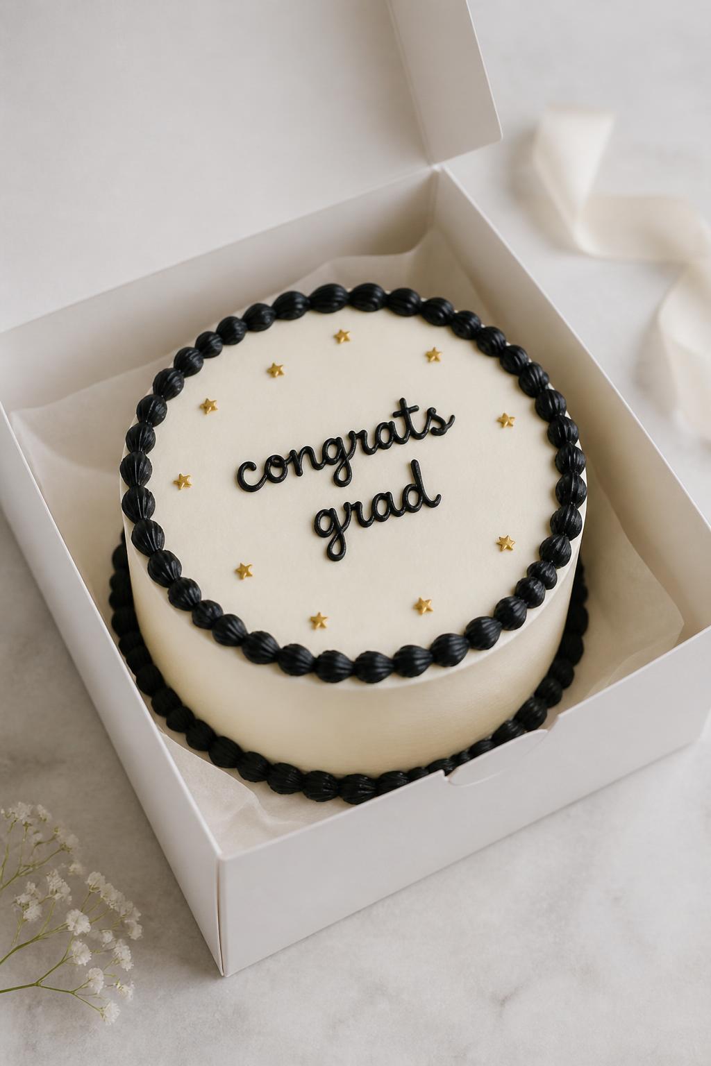 Image Prompt:
A lovely graduation bento cake inside an open white bento cake box, smooth cream buttercream frosting, neat black piped border, simple handwritten icing text reading “congrats grad,” tiny gold star accents, clean modern styling, soft natural light, neutral background, editorial bakery photography, realistic dessert styling, no people, no hands, no faces, (no watermarks on images)