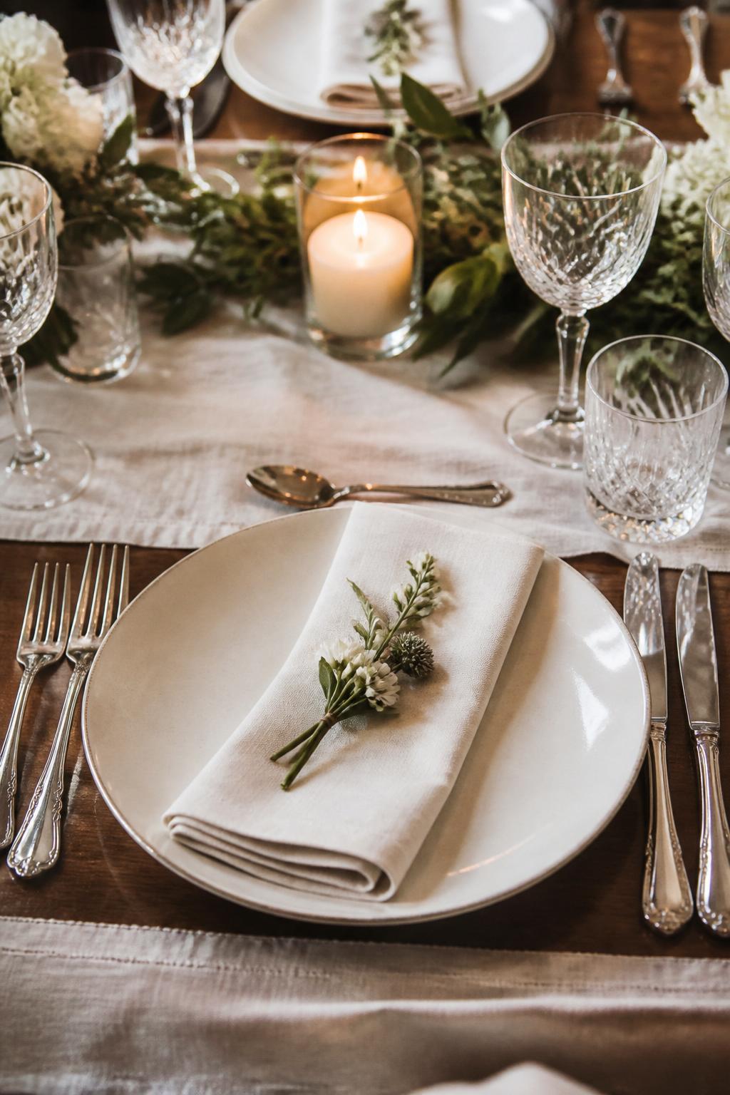 Image Prompt:
A close editorial civil wedding table photo focused on individual place settings with white plates, folded linen napkins, a tiny floral sprig at each seat, clear crystal glasses, polished flatware, and soft candlelight in the background. Intimate wedding dinner setting, no visible faces, no text, no watermark, realistic professional photography, (no watermarks on images)
