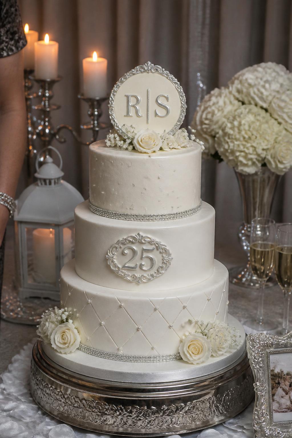 Image Prompt: Ultra-realistic 25th wedding anniversary party image featuring a classy tiered anniversary cake with a refined monogram plaque or topper showing the couple’s initials, plus an elegant number "25" detail. Use smooth white or ivory frosting with soft silver accents, pearl details, and a few small white flowers. Place the cake on an anniversary dessert table with candles, champagne glasses, framed decor, floral arrangements, silver accents, and soft party lighting. No visible faces. If people appear, show only cropped hands, side views, back views, or neck-down figures. Realistic monogram detail, smooth icing texture, DSLR editorial celebration photography. (no watermarks on images)