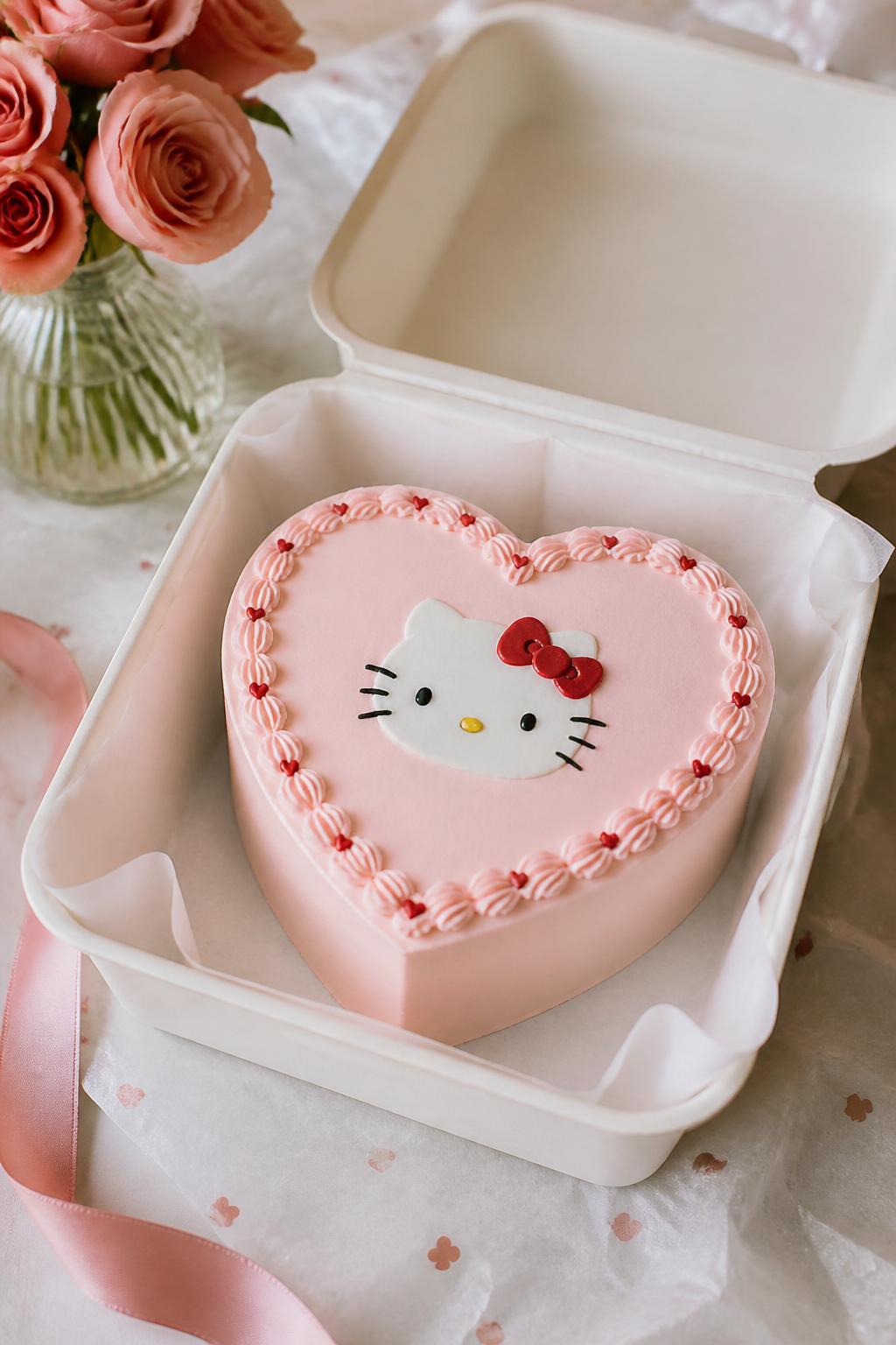 Image Prompt:
A heart shaped Hello Kitty themed bento cake inside an open white bento cake box, smooth pale pink frosting, small Hello Kitty face design in the center, red bow detail, tiny heart piping around the edges, soft romantic styling, bright natural light, realistic editorial bakery photography, no people, no hands, no faces, no watermarks on images