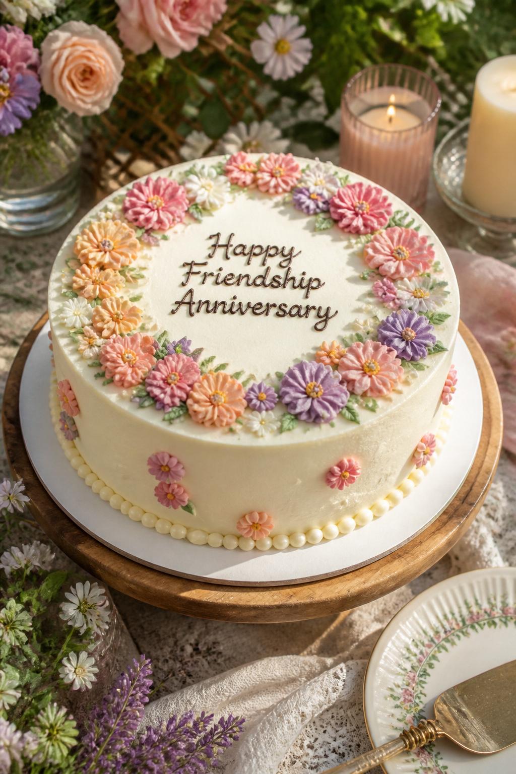 Image Prompt: A lovely friendship anniversary cake with smooth cream buttercream, tiny buttercream flowers in pink, peach, lavender, and yellow, soft green leaves, pearl borders, and a sweet friendship message on top. Style it on a garden-inspired dessert table with candles, fresh flowers, linen, and warm natural light. Make it realistic, pretty, and cheerful, no people, no faces, no text overlay, no watermark. (no watermarks on images)