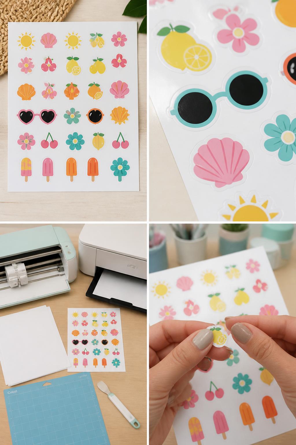Detailed Image Prompt:
A realistic editorial 2x2 collage grid showing a beginner Cricut summer sticker sheet, top-left finished sticker sheet with small suns, shells, lemons, cherries, flowers, sunglasses, and popsicles, top-right close-up of kiss-cut sticker edges and glossy surface, bottom-left flat lay of printable sticker paper, Cricut machine, printer, LightGrip mat, scraper, and design sheet, bottom-right cropped hands peeling a small sticker from the sheet, colorful summer craft desk, no faces, no text, no watermark on images.