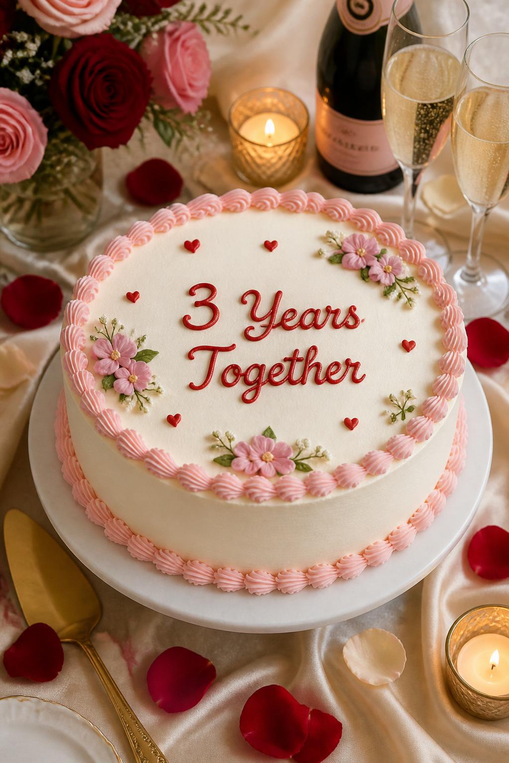 Image Prompt: A sweet 3rd anniversary cake with smooth white buttercream, neat piped lettering that says “3 Years Together,” tiny red hearts, soft pink borders, and small floral accents. Style it on a romantic dessert table with rose petals, candles, champagne flutes, and cream linen. Make it cute, polished, and realistic, no people, no faces, no watermark. (no watermarks on images)
