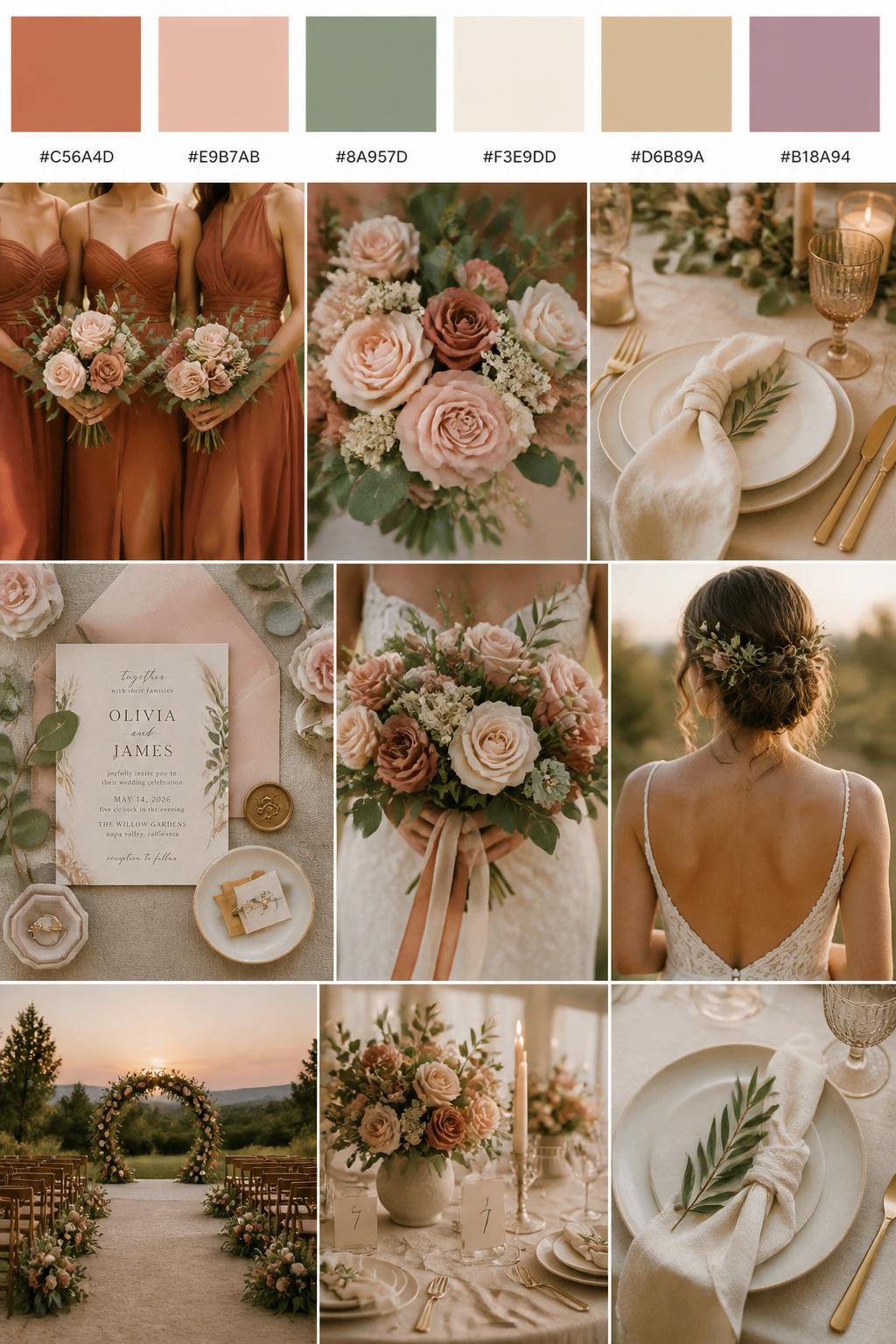 A realistic wedding color scheme mood board with a top swatch strip and small hex codes in terracotta, blush pink, sage green, cream, warm sand, and muted mauve. Below, create a romantic collage of terracotta dresses cropped from the neck down, blush roses, sage greenery, cream table decor, invitation flat lays, hands holding a bouquet, a back-view bridal detail, and a soft outdoor ceremony scene. Use no clear faces and mix detail shots with no-people decor images for variety. The mood should feel earthy, pretty, and sunset-inspired with soft natural light and DSLR-style realism. 9:16 vertical format. (no watermarks on images)