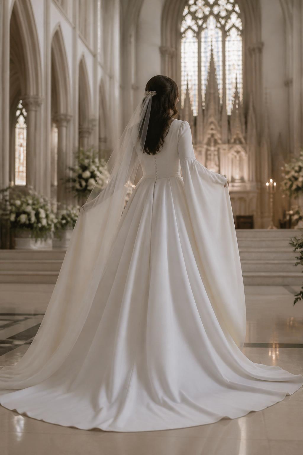 Image Prompt: A refined bridal editorial photo of a bride wearing a Christian wedding dress with long cathedral sleeves and a flowing skirt, standing in a grand church with tall arches. Show a side profile from the neck down or a back-facing full-length pose so the face is not shown. Highlight the beautiful drape of the sleeves, the modest bodice, and the formal church setting. Use soft natural window light, detailed fabric movement, elegant composition, premium bridal magazine look, no visible face, no text, no watermark. (no watermarks on images)