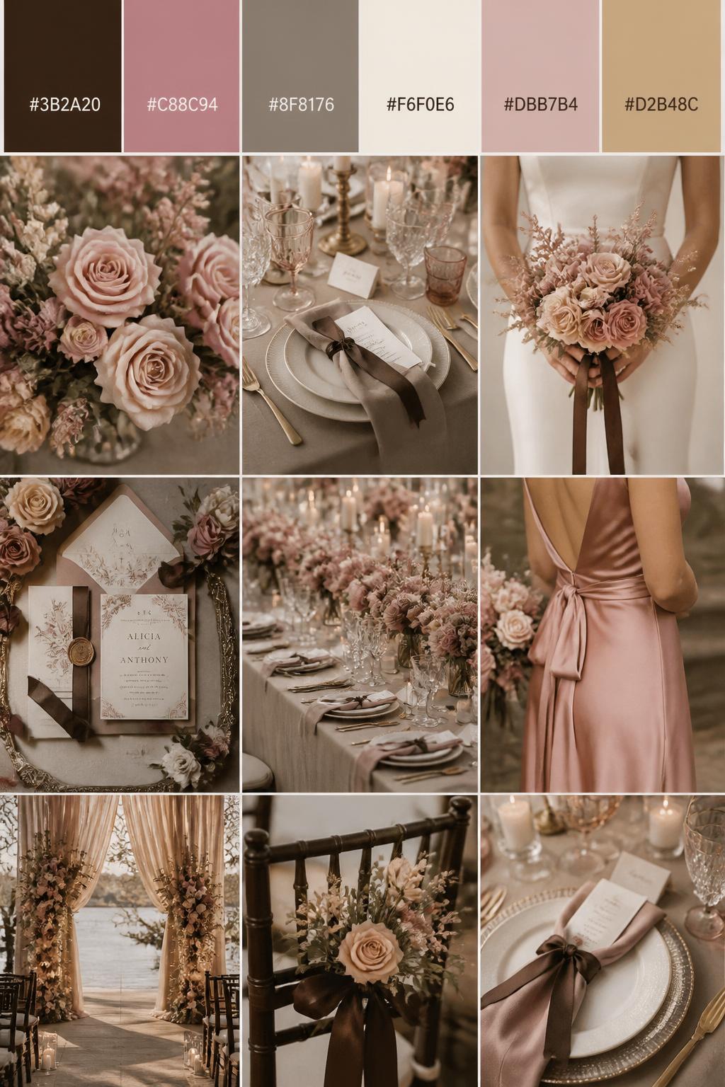 A realistic vertical wedding mood board with a top palette strip showing hex codes in espresso brown, rose pink, taupe, ivory, dusty blush, and warm beige. Below the swatches, show a romantic collage of rose pink flowers, taupe linens, espresso ribbon, polished table settings, invitation styling, a bouquet held in front of the body with no face visible, cropped bridesmaid dress details, and warm ceremony decor. Use varied no-face compositions such as side views, back views, hand-held bouquet close-ups, and no-people tablescape shots. DSLR realism, Pinterest-style collage layout, 9:16 vertical format. (no watermarks on images)
