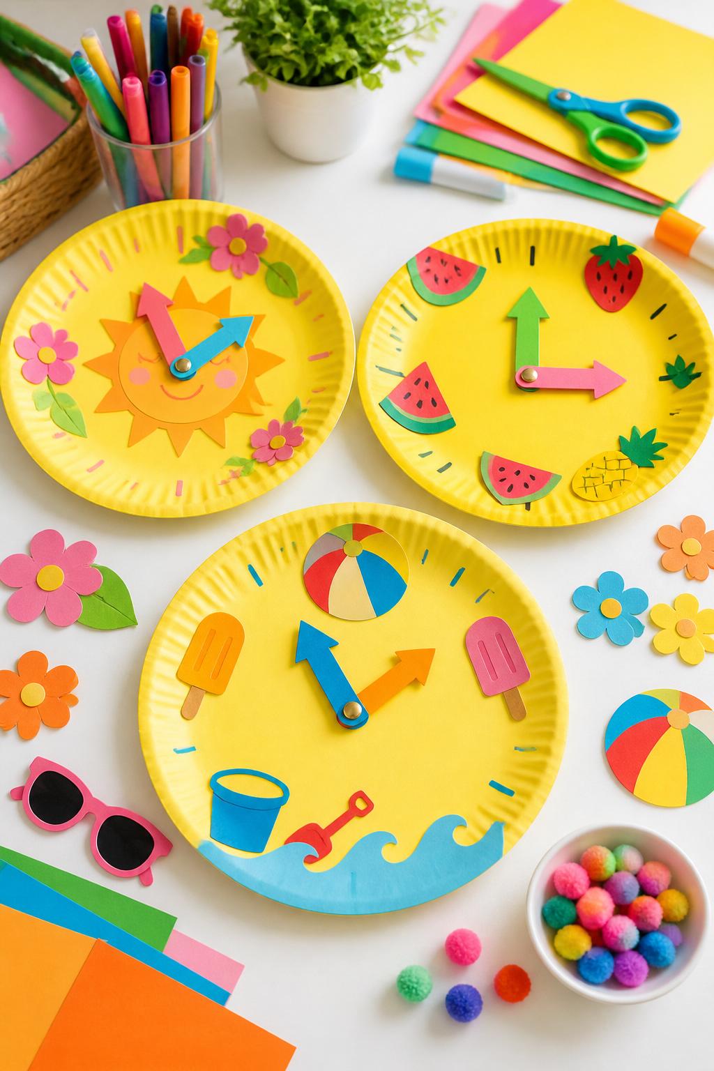 Detailed Image Prompt:
A playful first day of summer craft photo showing paper plate summer clocks, yellow paper plates decorated with suns, flowers, fruit, beach balls, popsicles, and simple clock hands pointing to summer fun, craft supplies arranged on a clean white table, bright daylight, kid-friendly seasonal craft styling, no people, no faces, no readable text, no watermark on images.