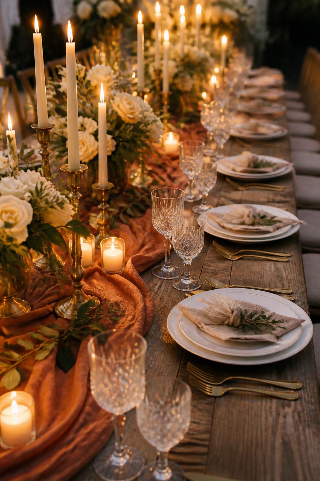 Image Prompt:
A romantic wedding table photo showing a long table with a terracotta linen runner, ivory flowers, soft greenery, gold candle holders, ivory taper candles, white plates, crystal glasses, and warm candlelight. Refined indoor or outdoor reception setting, no visible faces, no text, no watermark, realistic DSLR editorial photography, (no watermarks on images)