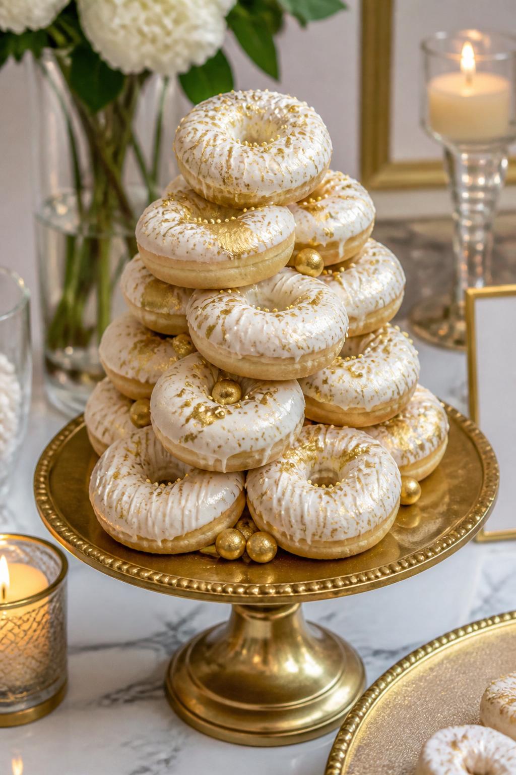 Detailed Image Prompt:
A glamorous donut tower cake with white glazed donuts, metallic gold edible splatter, gold sugar pearls, white chocolate drizzle, and a gold cake stand, styled on a chic celebration dessert table with candles and elegant decor, realistic editorial dessert photography, no people, high-detail icing texture, no watermarks on images.