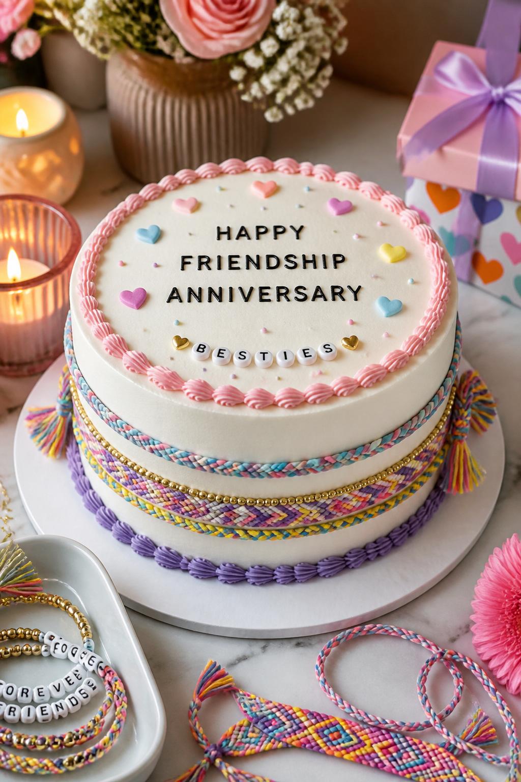 Image Prompt: A cute friendship anniversary cake with smooth white buttercream, edible friendship bracelet details wrapped around the side, tiny letter-bead-style decorations, pastel hearts, and colorful piped borders. Style it on a fun dessert table with real friendship bracelets, candles, flowers, and small gift boxes nearby. Make it realistic, creative, and polished, no people, no faces, no watermark. (no watermarks on images)