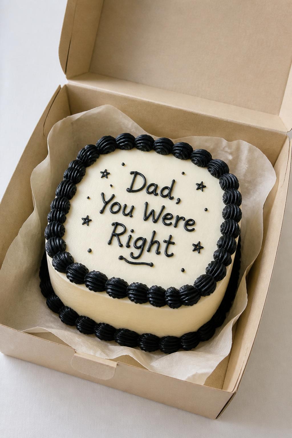 Image Prompt:
A funny Father’s Day bento cake inside an open kraft cake box, smooth cream frosting, bold black piped border, handwritten icing text reading “Dad, You Were Right,” tiny star doodles, playful clean styling, realistic bakery photography, no people, no hands, no faces, no watermarks on images
