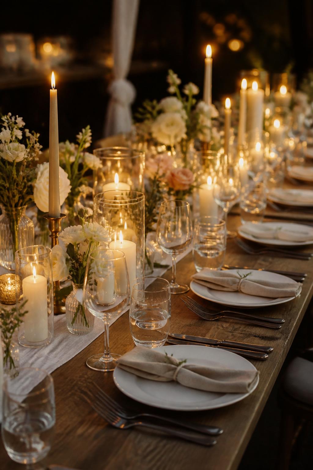 Image Prompt:
A warm editorial wedding table photo showing a long rectangle table decorated with mixed candle heights, including taper candles, pillar candles, and small votives. Add a few simple floral touches in white and soft blush, neutral linen napkins, white plates, and clear glassware. The setting is an intimate evening wedding reception with soft glowing light, no visible faces, no text, no watermark, realistic DSLR photo.