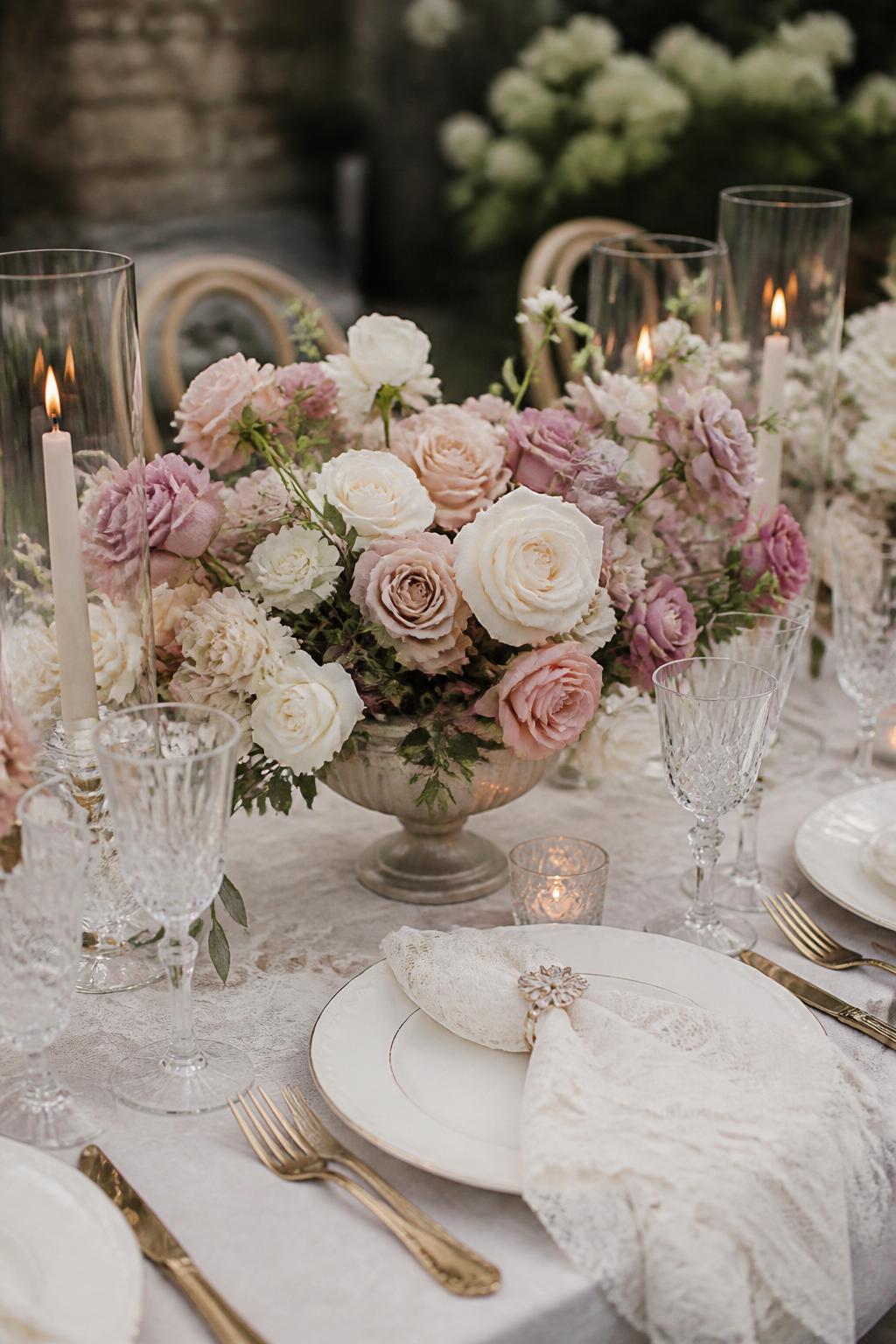 Image Prompt:
An elegant editorial wedding table image showing low floral compote arrangements filled with ivory roses, blush flowers, dusty pink blooms, and soft greenery. Add lace napkins, crystal glasses, gold flatware, white plates, and candlelight. Vintage garden wedding setting, no visible faces, no text, no watermark, realistic DSLR photography, (no watermarks on images)