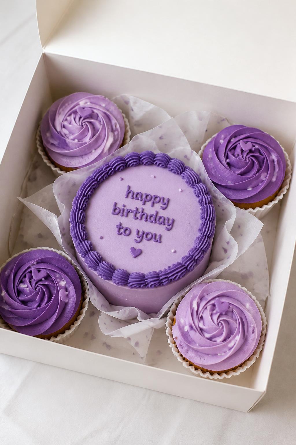 Image Prompt:
A beautiful monochrome purple bento cake with cupcakes set in an open white gift box, one small round bento cake with soft lavender frosting, darker purple border, and neat purple text on top, surrounded by four matching cupcakes with layered lilac and violet buttercream swirls, modern tone-on-tone styling, clean bright backdrop, realistic editorial dessert photography, no people, no hands, no faces, no watermarks on images
