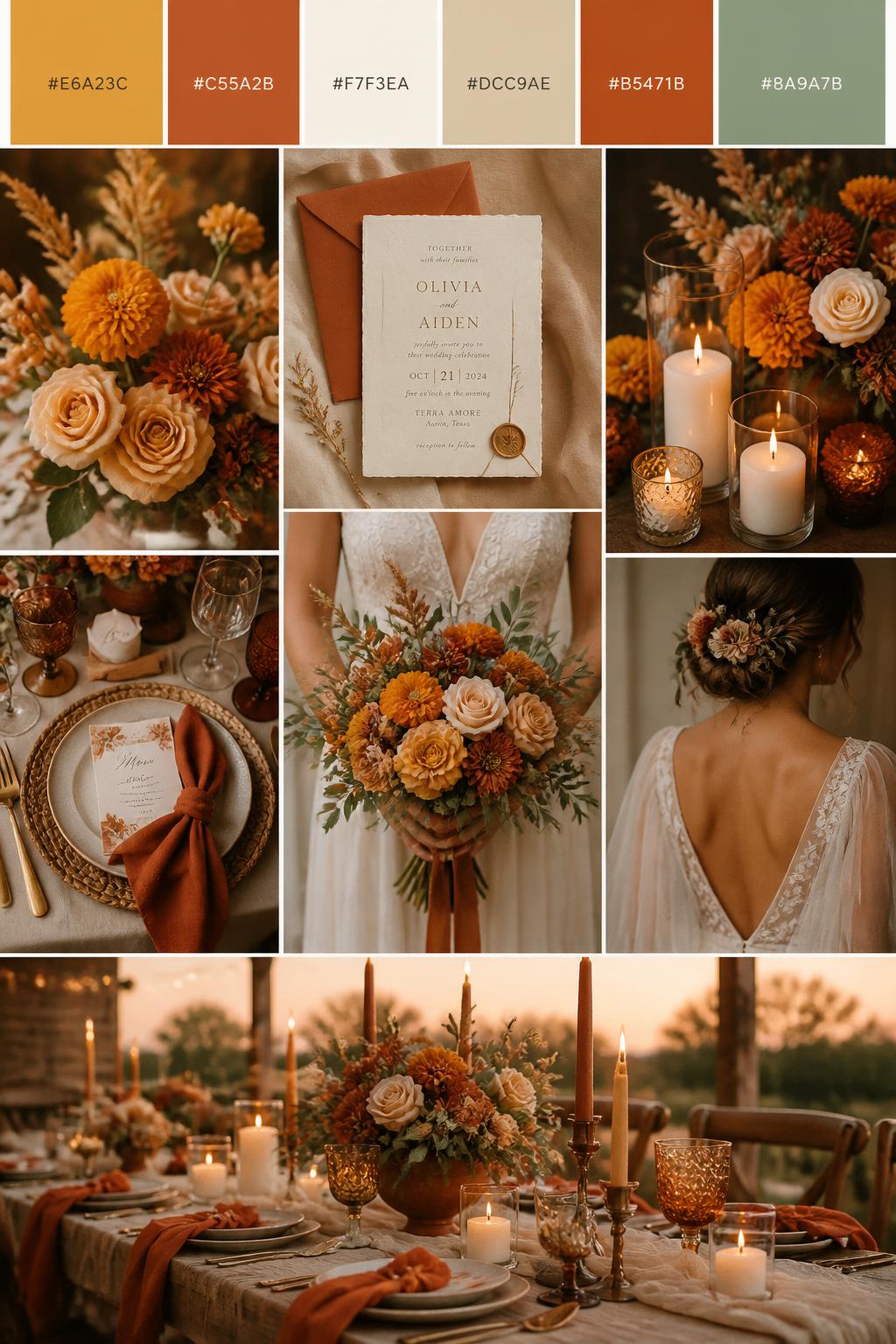 Image Prompt:
A realistic wedding color mood board in a vertical collage style. Add a top strip of palette swatches with hex codes in marigold, terracotta, ivory, warm beige, burnt orange, and muted sage. Below, show realistic wedding details like marigold flowers, terracotta blooms, ivory candles, warm table styling, elegant invitations, a bouquet held in front of the body with no face shown, back-view bridal detail shots, and a no-people reception table with sunset-toned decor. Use no clear faces, with a mix of cropped body details, hands-only shots, and no-people styling scenes. The look should feel warm, earthy, romantic, and polished with DSLR realism. 9:16 vertical format. (no watermarks on images)