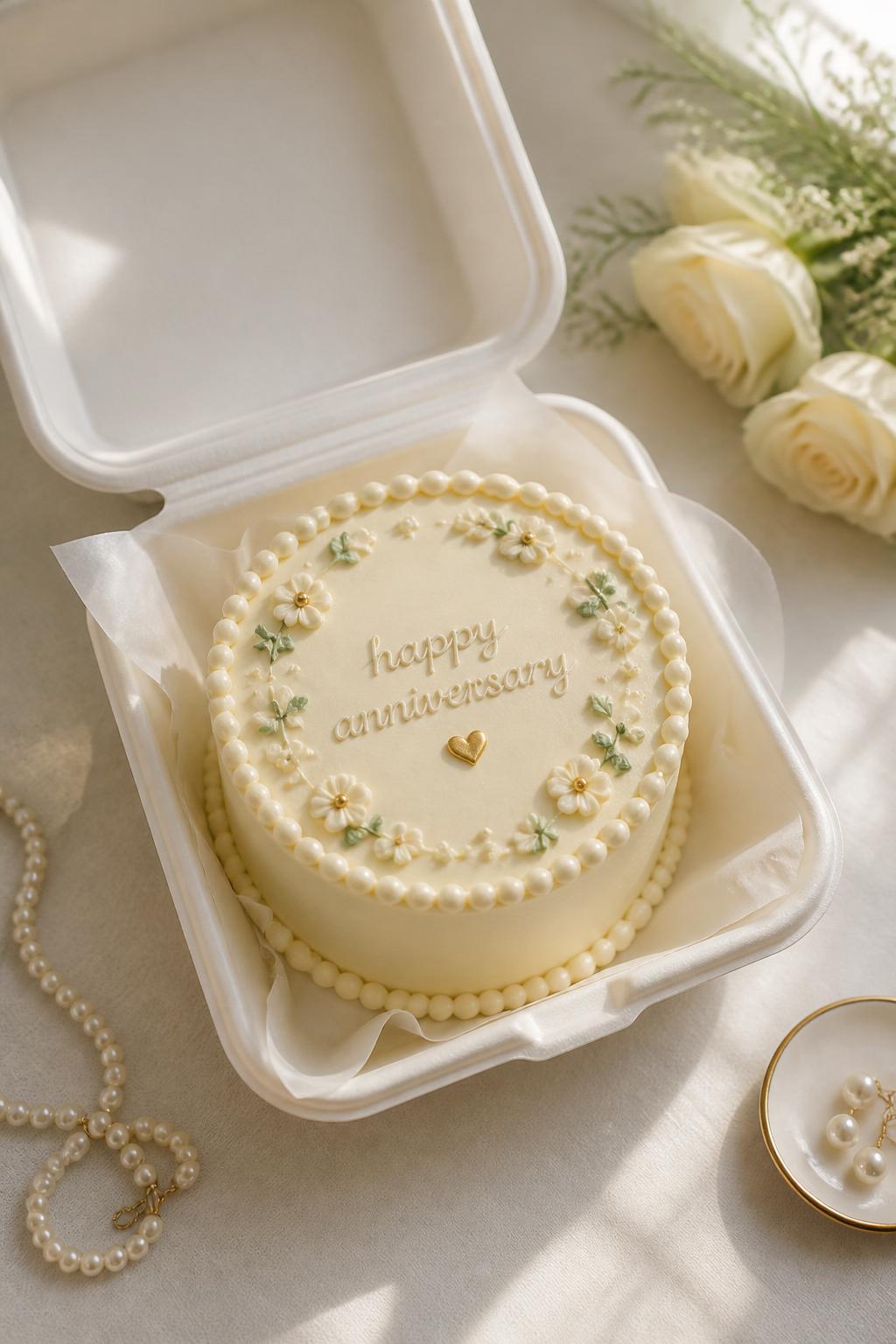 Image Prompt: A refined bento anniversary cake with smooth ivory buttercream, a neat pearl border around the top and base, tiny piped flowers, and a simple gold heart in the center. Style it in an open cake box on a soft neutral table with pearl jewelry, cream roses, and warm window light. Make it elegant, delicate, and realistic, no people, no faces, no watermark. (no watermarks on images)