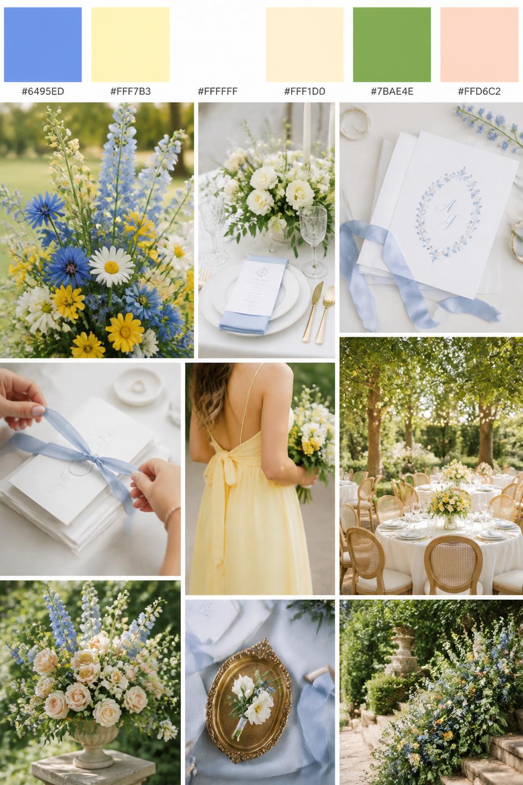 A realistic wedding color palette collage with a top row of swatches and hex codes in cornflower blue, soft yellow, white, buttercream, fresh green, and pale peach. Below, show realistic wedding details such as blue wildflowers, yellow blooms, white table styling, elegant stationery, hands tying an invitation suite, a cropped-from-neck bridesmaid dress detail, and a sunny garden reception setup. Keep all people shown from the back, side, or cropped below the face, and include some no-people decor scenes for variety. The mood should feel fresh, cheerful, and romantic with DSLR-quality realism. 9:16 vertical format. (no watermarks on images)