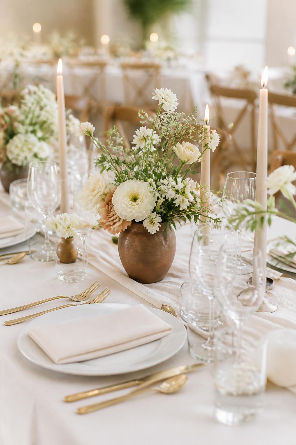 Image Prompt:
A clean wedding reception table showing small brown ceramic vases filled with white flowers, beige blooms, and soft greenery. Add ivory linen, white plates, gold flatware, clear glassware, and slim candles. Bright refined reception setting, no visible faces, no text, no watermark, realistic editorial photography, (no watermarks on images)