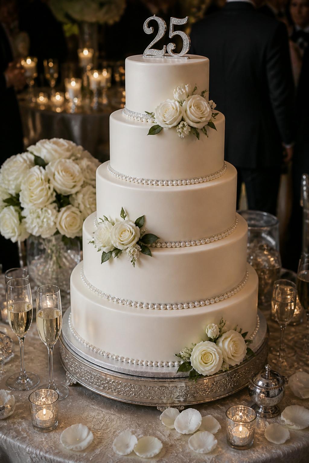 Image Prompt: Ultra-realistic 25th wedding anniversary reception scene showing a tall elegant anniversary cake with smooth ivory tiers, fresh white roses, subtle silver trim, pearl details, and a tasteful number "25" topper. Place the cake on a luxury dessert table with candles, white floral arrangements, champagne glasses, silver decor, fine linens, and a softly blurred formal celebration backdrop. Keep the cake front and center. No visible faces. If people appear, show only cropped hands, back views, side views, or neck-down figures. Realistic rose petals, refined icing texture, soft warm DSLR lighting. (no watermarks on images)