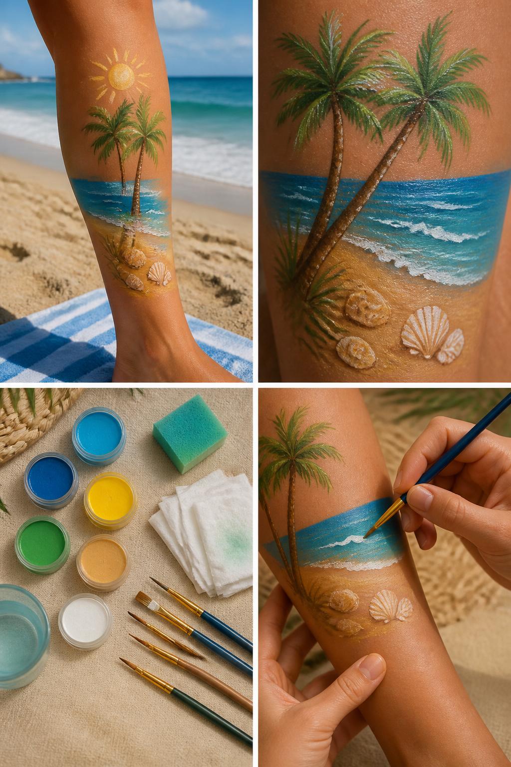Detailed Image Prompt:
A realistic editorial 2x2 collage grid showing a painted beach postcard leg design, top-left finished calf painting with tiny palm trees, sun, waves, shells, and sandy color blocks arranged like a mini summer scene, top-right close-up of palm tree and wave details, bottom-left flat lay of skin-safe blue, yellow, green, tan, and white body paint, fine brushes, sponge, wipes, and water cup, bottom-right cropped hands painting a small wave line on the calf, sunny beach-inspired craft styling, no faces, no text, no watermark on images.