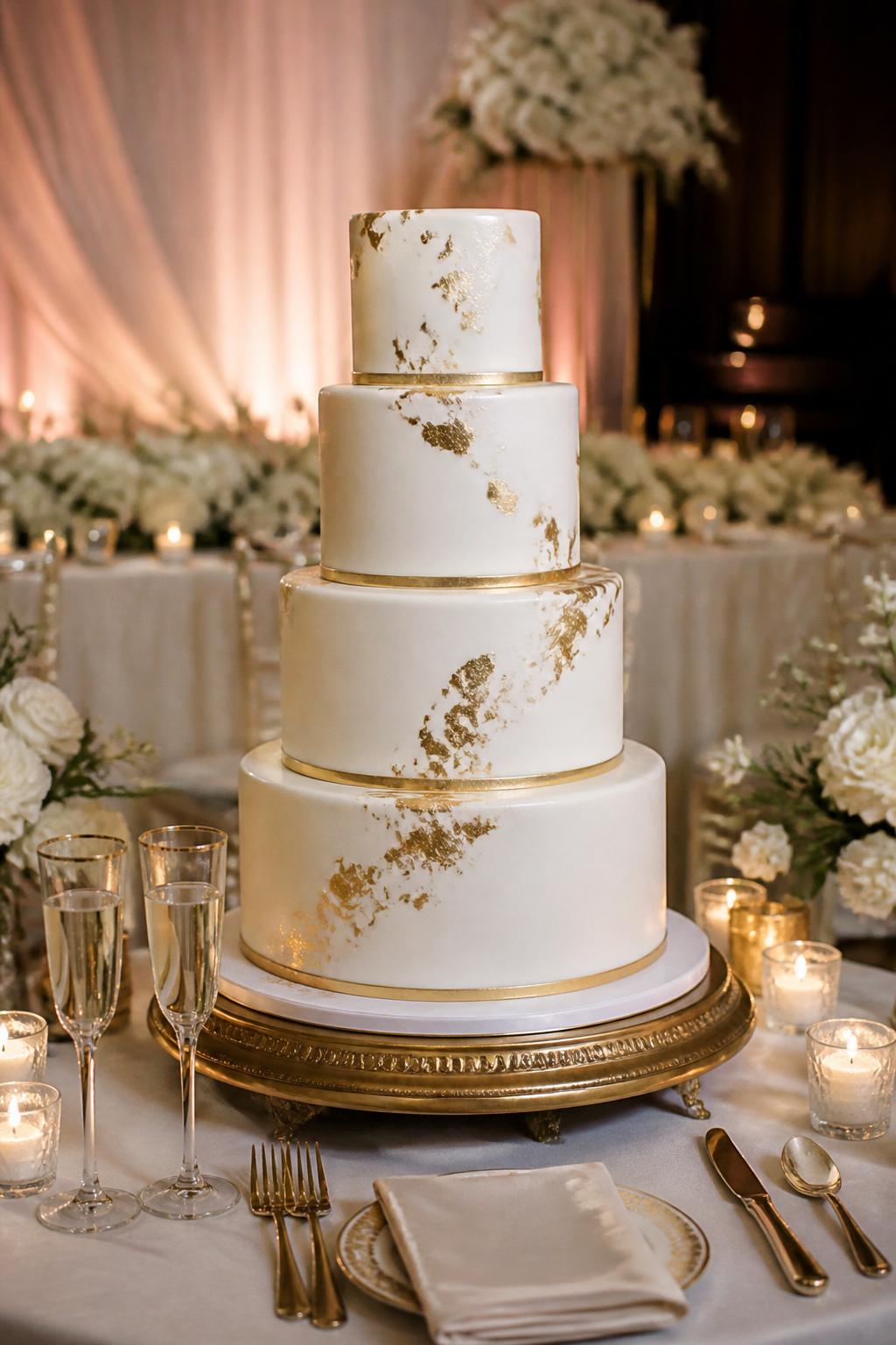 Image Prompt: Ultra-realistic wedding reception photo of a classic white and gold metallic wedding cake with smooth white buttercream or fondant tiers, delicate edible gold leaf accents, thin gold trim, and a refined bridal finish. Place the cake on a beautifully styled wedding cake table in a real wedding party scene with candles, white floral centerpieces, gold table decor, champagne glasses, fine linens, and a softly blurred reception backdrop. Keep the cake as the clear main focus. No visible faces. If people appear, show only cropped hands, back views, side views, or neck-down figures. Realistic gold shine, smooth icing texture, soft romantic wedding lighting, DSLR editorial photography. (no watermarks on images)