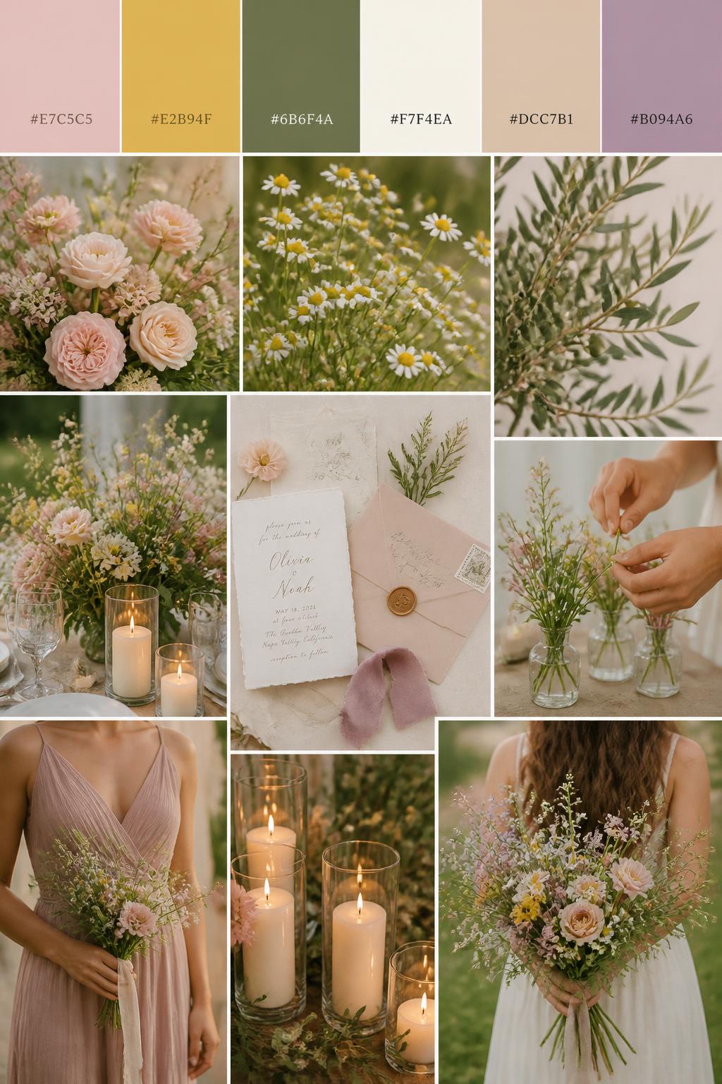 A realistic wildflower wedding mood board in a vertical Pinterest collage style. Add a top strip of color swatches with small hex codes in blush pink, chamomile yellow, olive green, ivory, warm nude, and muted mauve. Below, show wedding details like blush garden flowers, tiny yellow chamomile blooms, olive branches, loose wildflower centerpieces, simple cream candles, romantic stationery, hands arranging flowers in bud vases, a cropped-from-neck bridesmaid dress shot, and a no-face back-view bouquet image. Keep the mood soft, cute, natural, and romantic with DSLR-style realism and warm natural light. 9:16 vertical format. No full faces. (no watermarks on images)