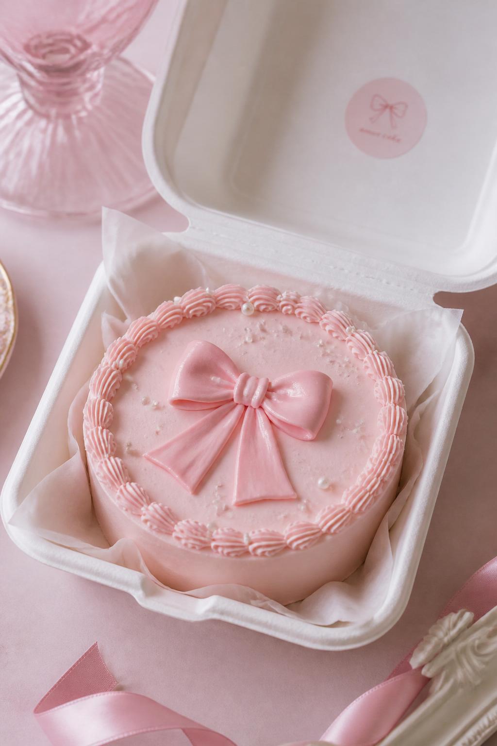 A beautiful pink bow bento cake inside an open white bento box, soft baby pink frosting, central buttercream bow design, tiny pearl sprinkles, delicate piped border, sweet coquette bakery styling, soft pastel backdrop, realistic DSLR dessert photography, no people, no hands, no faces, no watermarks on images