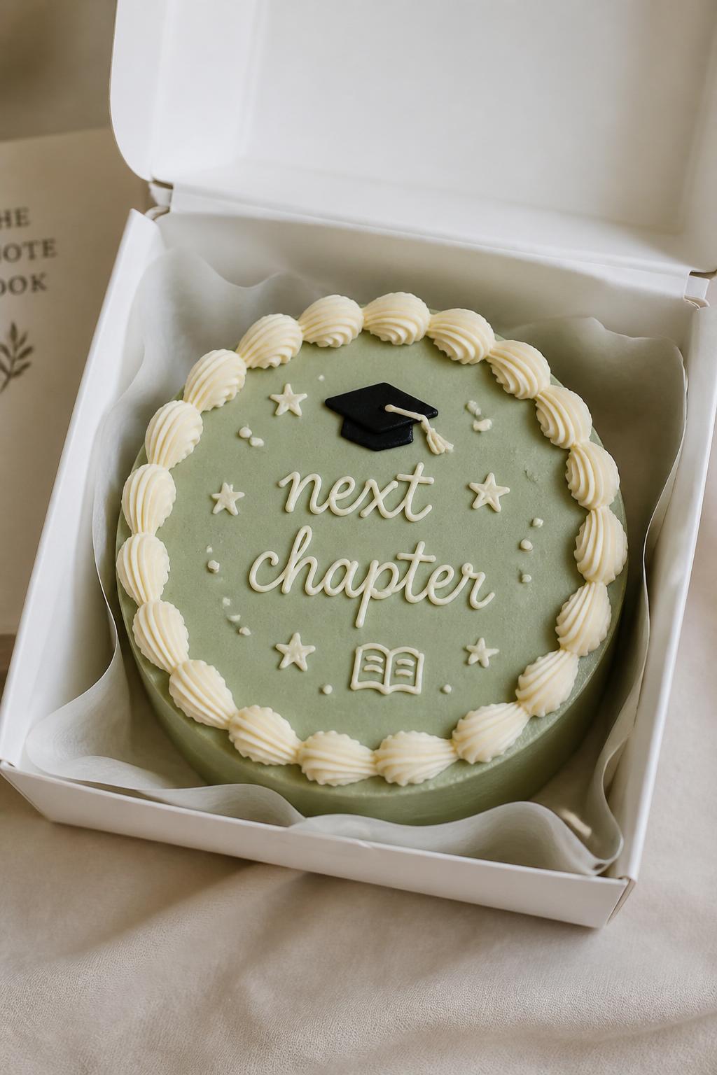 Image Prompt:
A thoughtful graduation bento cake inside an open white cake box, smooth sage green frosting, neat cream piped border, handwritten icing text reading “next chapter,” tiny book and star doodles, calm modern styling, realistic editorial dessert photography, no people, no hands, no faces, (no watermarks on images)