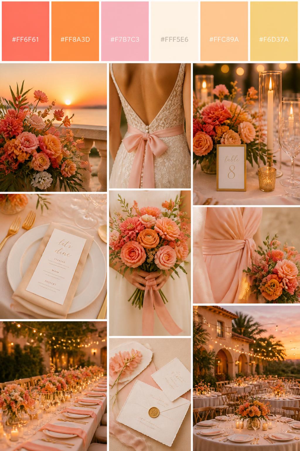 A realistic sunset wedding palette board featuring a top row of color swatches and hex codes in coral, tangerine, soft pink, cream, warm peach, and light gold. Below, show a fresh collage of wedding visuals: coral and tangerine florals, soft pink ribbon details, cream place settings, candlelit centerpieces, cropped dress detail shots, bouquet styling in hands-only composition, and no-people reception tables glowing in warm evening light. Avoid showing faces by using back angles, side crops, waist-up detail framing, and no-people scenes. The collage should feel lively, warm, and romantic with DSLR-quality detail. 9:16 vertical format. (no watermarks on images)