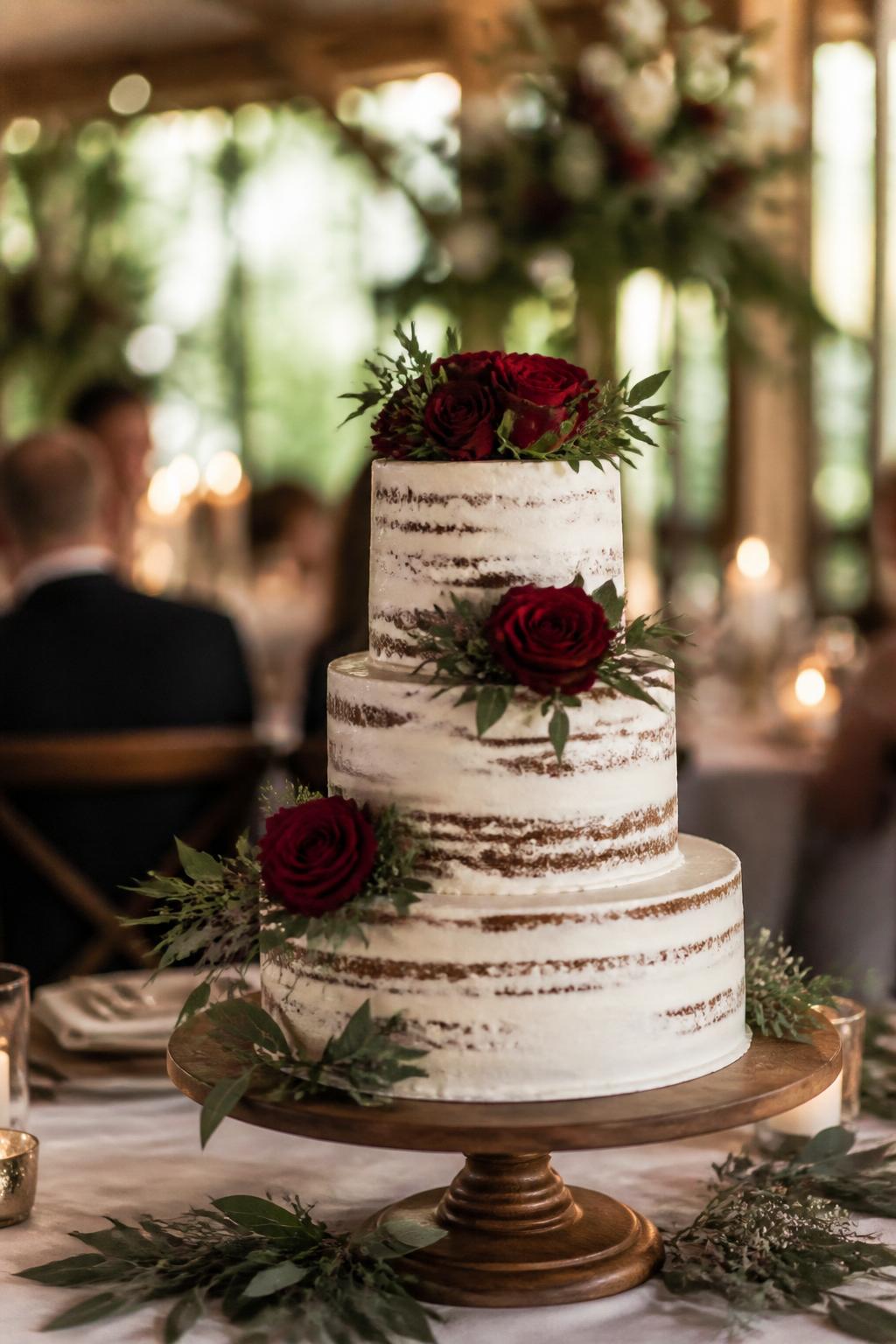 Image Prompt: Ultra-realistic wedding reception photo of a semi-naked wedding cake with lightly frosted tiers, visible cake layers, fresh red roses, and soft greenery placed naturally around the cake. Place it on a wooden or elegant cake stand at a real wedding reception with candles, linen table styling, floral centerpieces, and a softly blurred garden or rustic wedding backdrop. No visible faces. If guests appear, show only back views, side views in blur, cropped hands, or neck-down figures. Realistic cake crumb texture, fresh red rose detail, warm DSLR wedding photography. (no watermarks on images)
