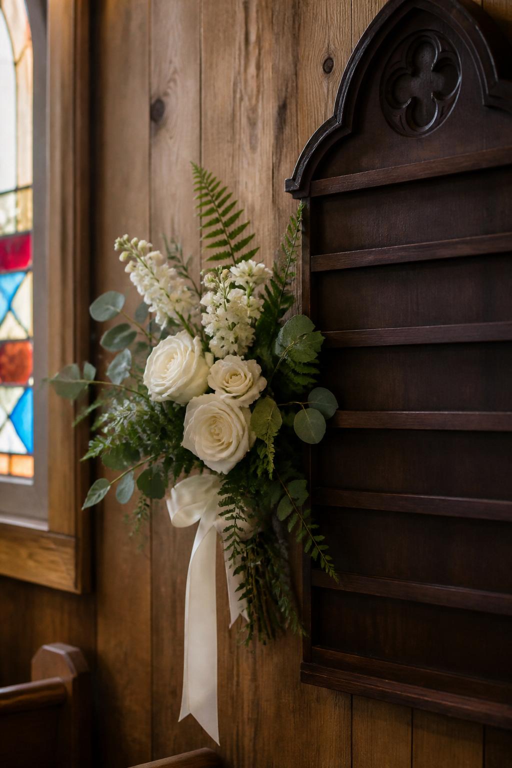 Image Prompt:
A small elegant flower arrangement placed beside a vintage church hymn board, using white roses, small cream flowers, eucalyptus, fern, and a narrow ivory ribbon, old wooden church wall, soft warm light, peaceful traditional interior, no people, no faces, realistic floral detail, editorial church decor photography, no text, no watermark.