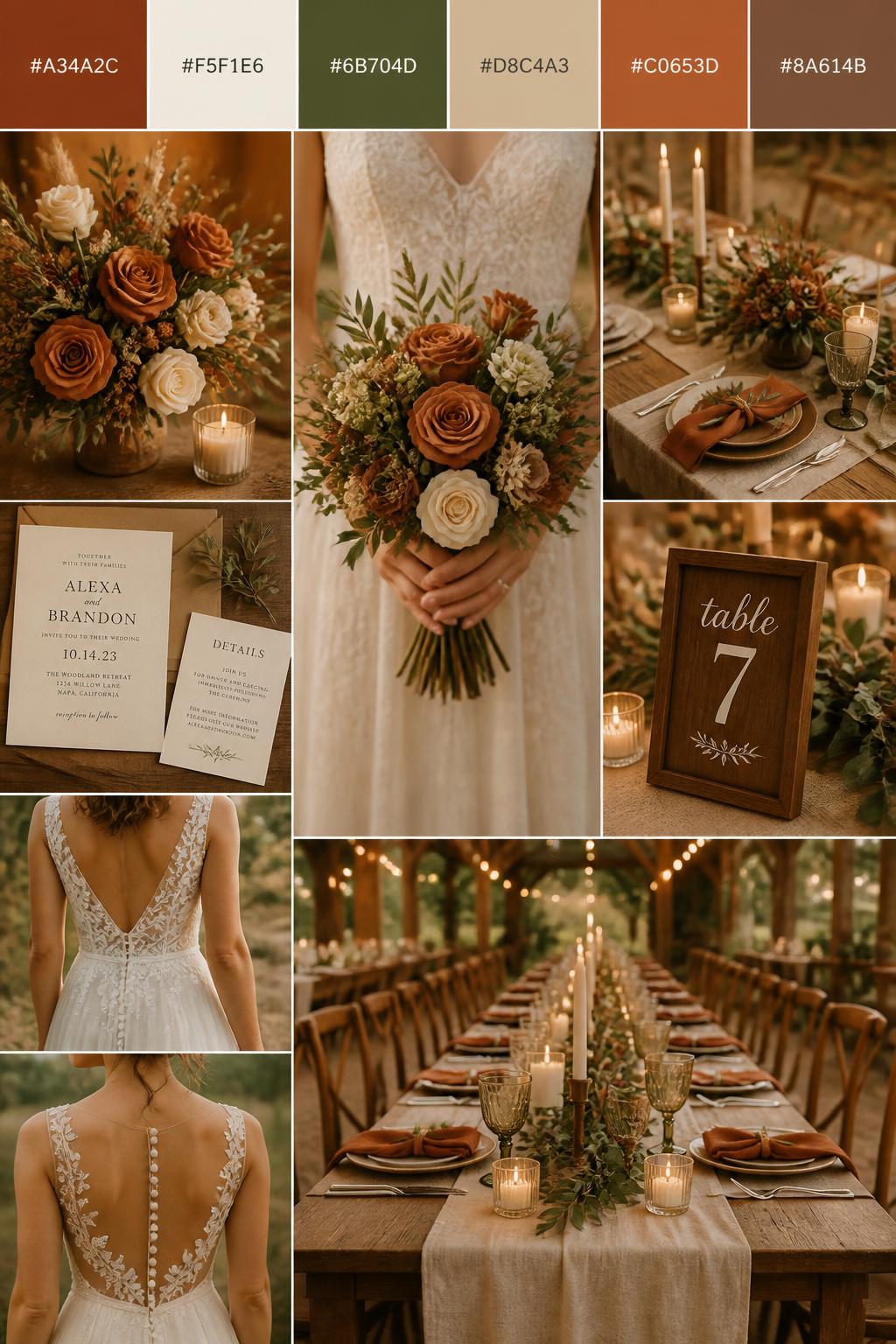 A realistic wedding color mood board in a vertical collage style. Add a top strip of palette swatches with hex codes in rust, cream, olive green, warm beige, terracotta, and soft brown. Below, show realistic wedding details like rust-toned flowers, olive greenery, cream candles, wooden table decor, simple invitations, a bouquet held in front of the body with no face shown, back-view dress detail shots, and a warm no-people country tablescape with linen runners and candlelight. Use no clear faces, with a mix of cropped body details, hands-only shots, and no-people styling scenes. The look should feel warm, romantic, country, and polished with DSLR realism. 9:16 vertical format. (no watermarks on images)