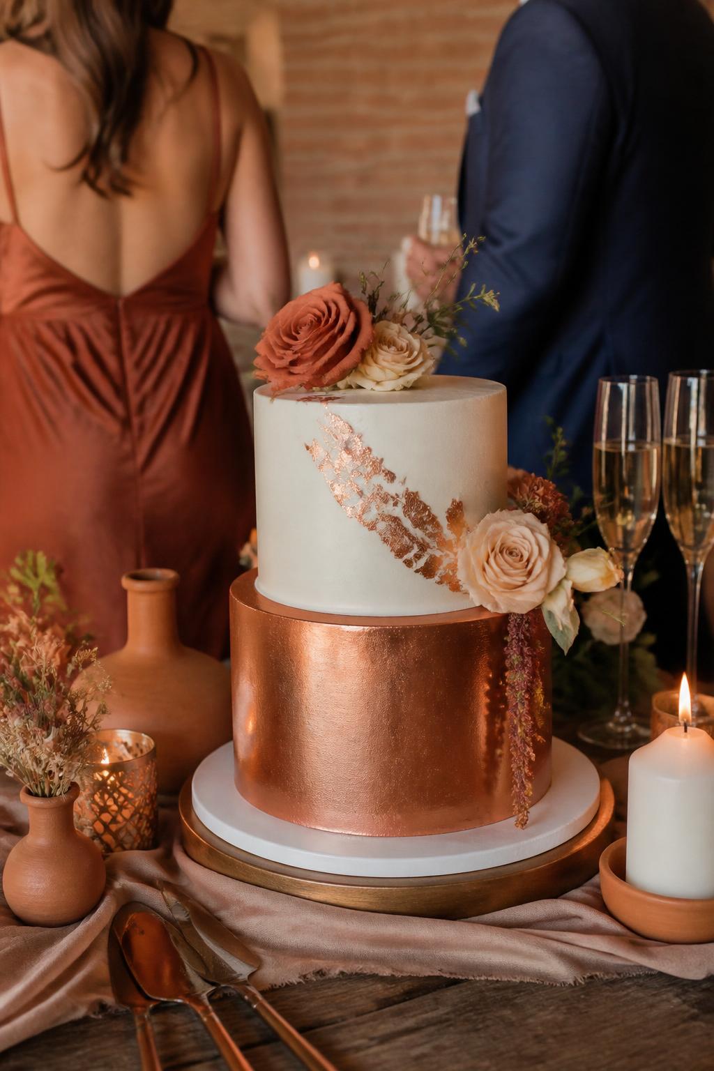 Image Prompt: Ultra-realistic wedding party scene featuring a copper metallic wedding cake with smooth ivory or warm neutral tiers, subtle copper leaf accents, brushed copper details, and earthy floral styling. Use terracotta flowers, dried blooms, cream roses, and soft greenery. Place the cake on a wooden or elegant reception cake table with candles, neutral linens, clay vases, champagne glasses, and a softly blurred rustic or modern wedding backdrop. No visible faces. If guests appear, show only cropped hands, back views, side views, or neck-down figures. Realistic copper shine, earthy color palette, DSLR editorial wedding photography. (no watermarks on images)