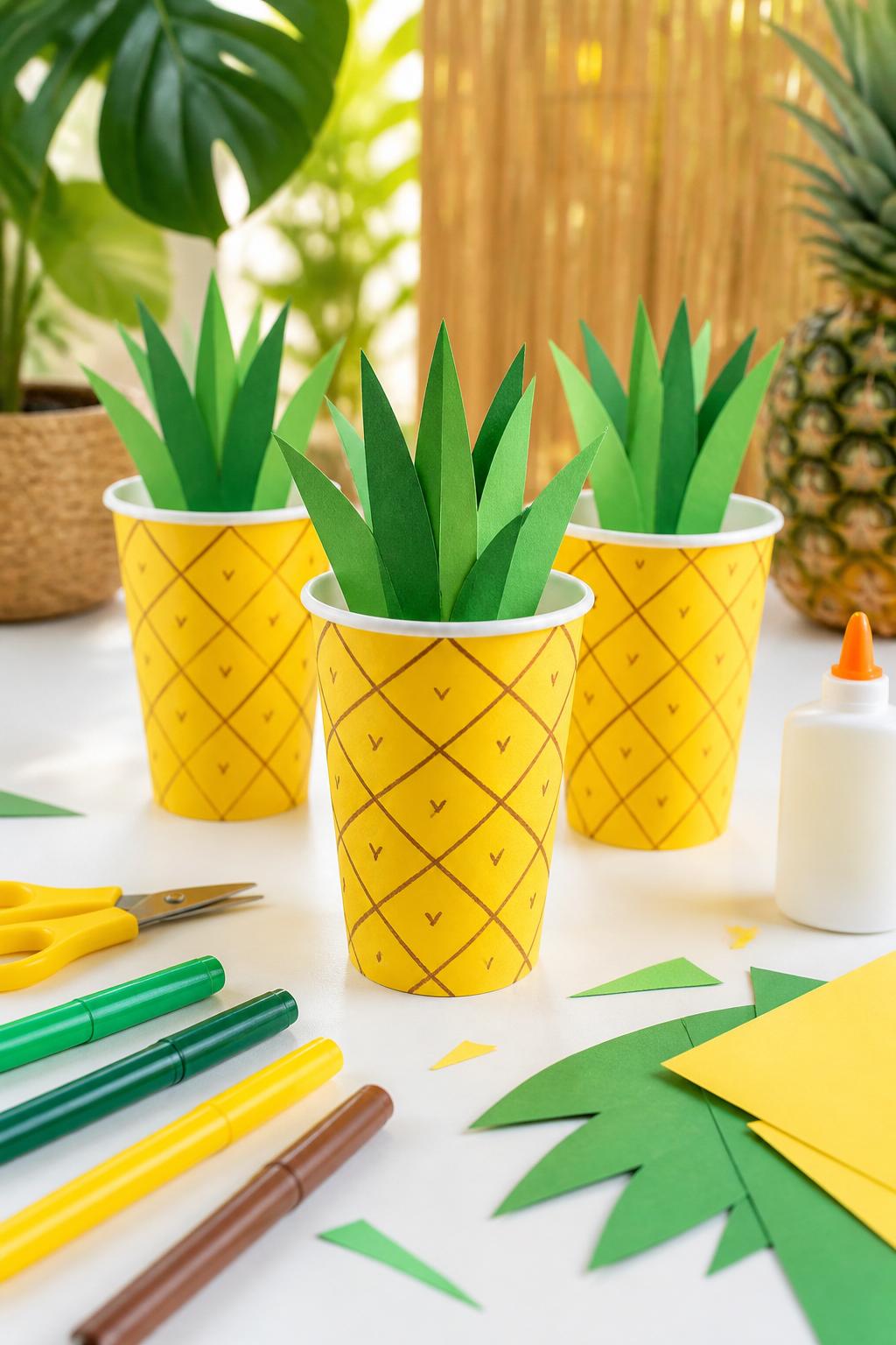 Detailed Image Prompt:
A cheerful summer craft photo of paper cups decorated like pineapples, yellow cups with drawn crisscross pineapple lines and green paper leaves sticking out of the top, arranged on a white craft table with markers, glue, and paper scraps, sunny tropical craft mood, neat editorial composition, no people, no text, no watermark on images.