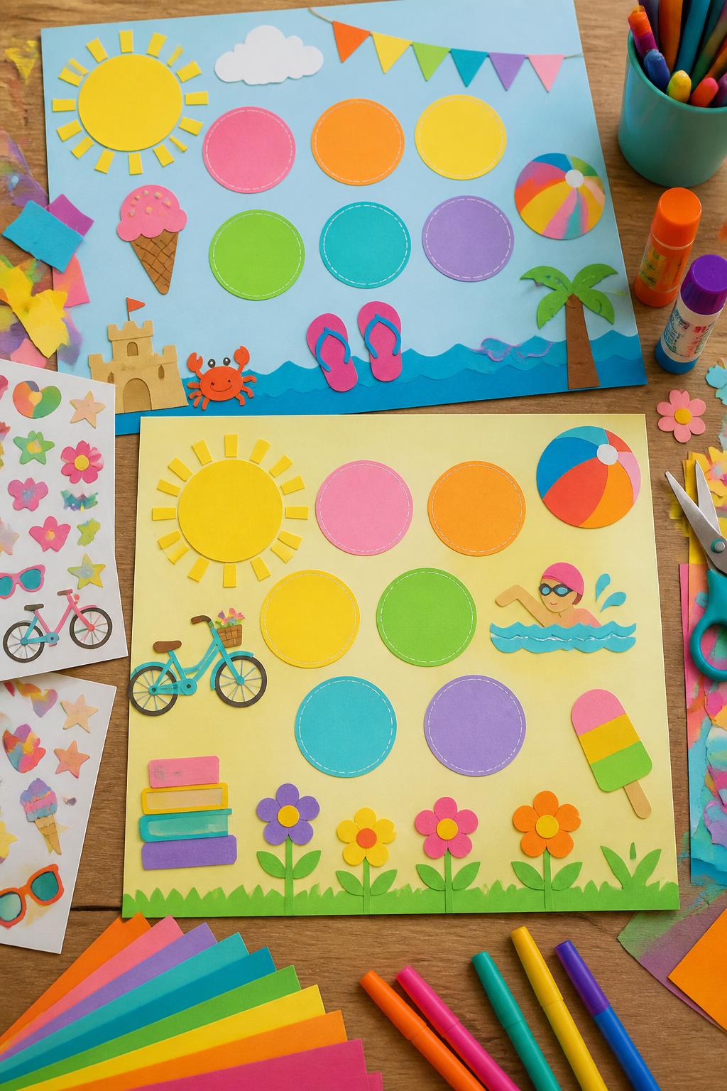 Detailed Image Prompt:
A colorful kids’ craft photo showing handmade summer bucket list posters, large cardstock sheets decorated with paper suns, ice cream cones, beach balls, flowers, bicycles, books, swimming icons, and blank colorful circles for activities, markers, glue sticks, stickers, and paper scraps nearby, bright first day of summer theme, no people, no faces, no readable text, no watermark on images.