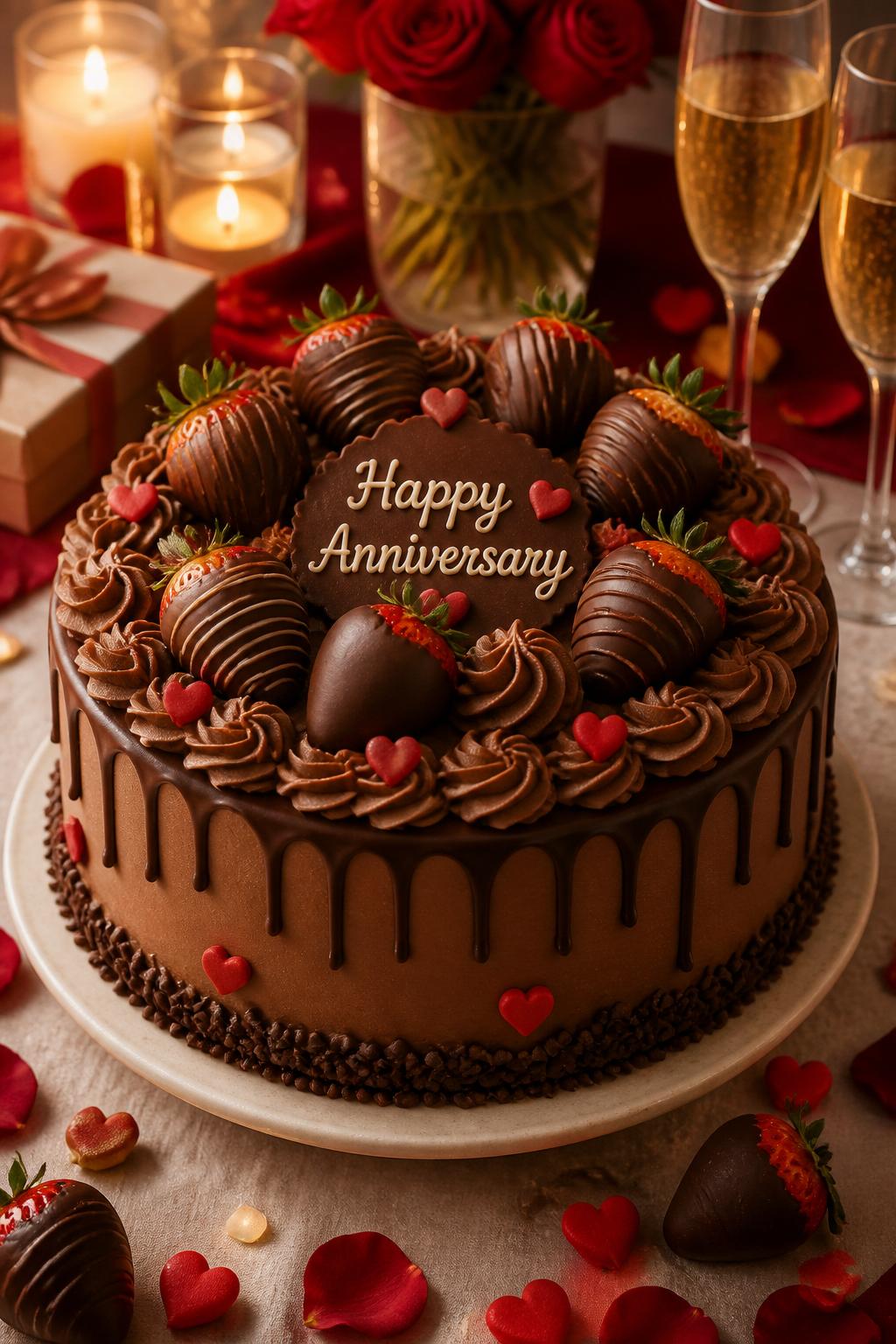 Image Prompt: A beautiful anniversary chocolate cake topped with chocolate-covered strawberries, smooth chocolate drip, whipped cream swirls, and tiny red heart accents. Style it on a romantic dessert table with candles, red rose petals, champagne glasses, and warm soft lighting. Make it indulgent, cute, and realistic, no people, no faces, no watermark. (no watermarks on images)