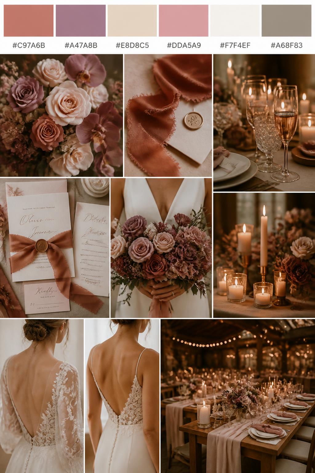 A realistic wedding color mood board in a vertical collage style. Add a top strip of palette swatches with hex codes in soft terracotta, mauve, champagne, dusty rose, ivory, and warm taupe. Below, show realistic wedding details like mauve flowers, terracotta ribbon, champagne glassware, romantic candles, elegant invitations, a bouquet held in front of the body with no face shown, back-view bridal detail shots, and a warm no-people reception scene. Use no clear faces, with a mix of cropped body details, hands-only shots, and no-people styling scenes. The look should feel soft, romantic, warm, and polished with DSLR realism. 9:16 vertical format. (no watermarks on images)