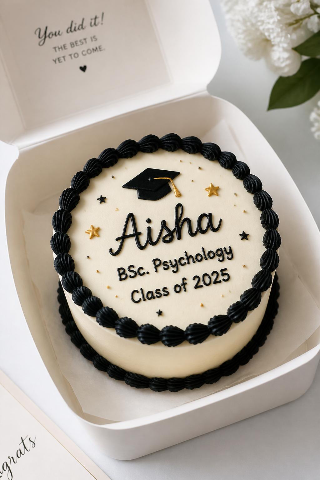 Image Prompt:
A personalized graduation bento cake inside an open white bento cake box, smooth ivory frosting, neat black piped border, graduate’s first name and short degree or class detail written on top, tiny star accents, polished celebratory styling, realistic close-up bakery photo, no people, no hands, no faces, (no watermarks on images)