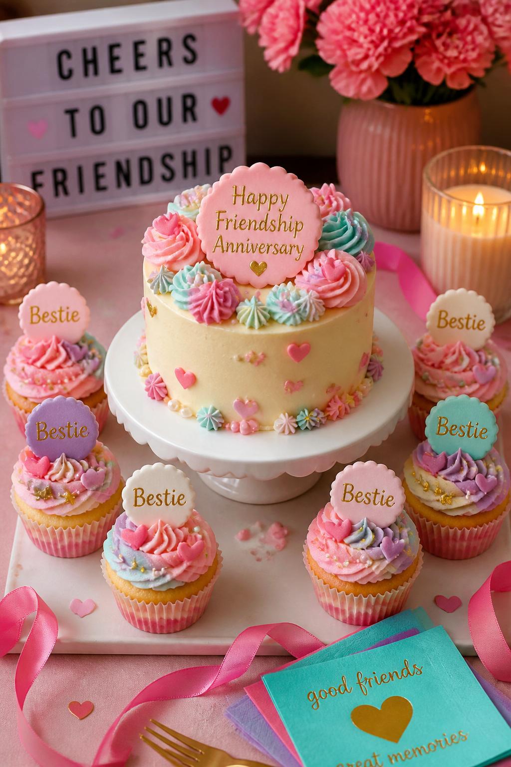 Image Prompt: A cute friendship anniversary dessert display with a small central cake and matching cupcakes, decorated with pastel buttercream swirls, tiny hearts, edible stars, pearl sprinkles, and small “Bestie” toppers. Style it on a cheerful dessert table with candles, flowers, ribbons, and colorful napkins. Make it realistic, sweet, and party-ready, no people, no faces, no watermark. (no watermarks on images)