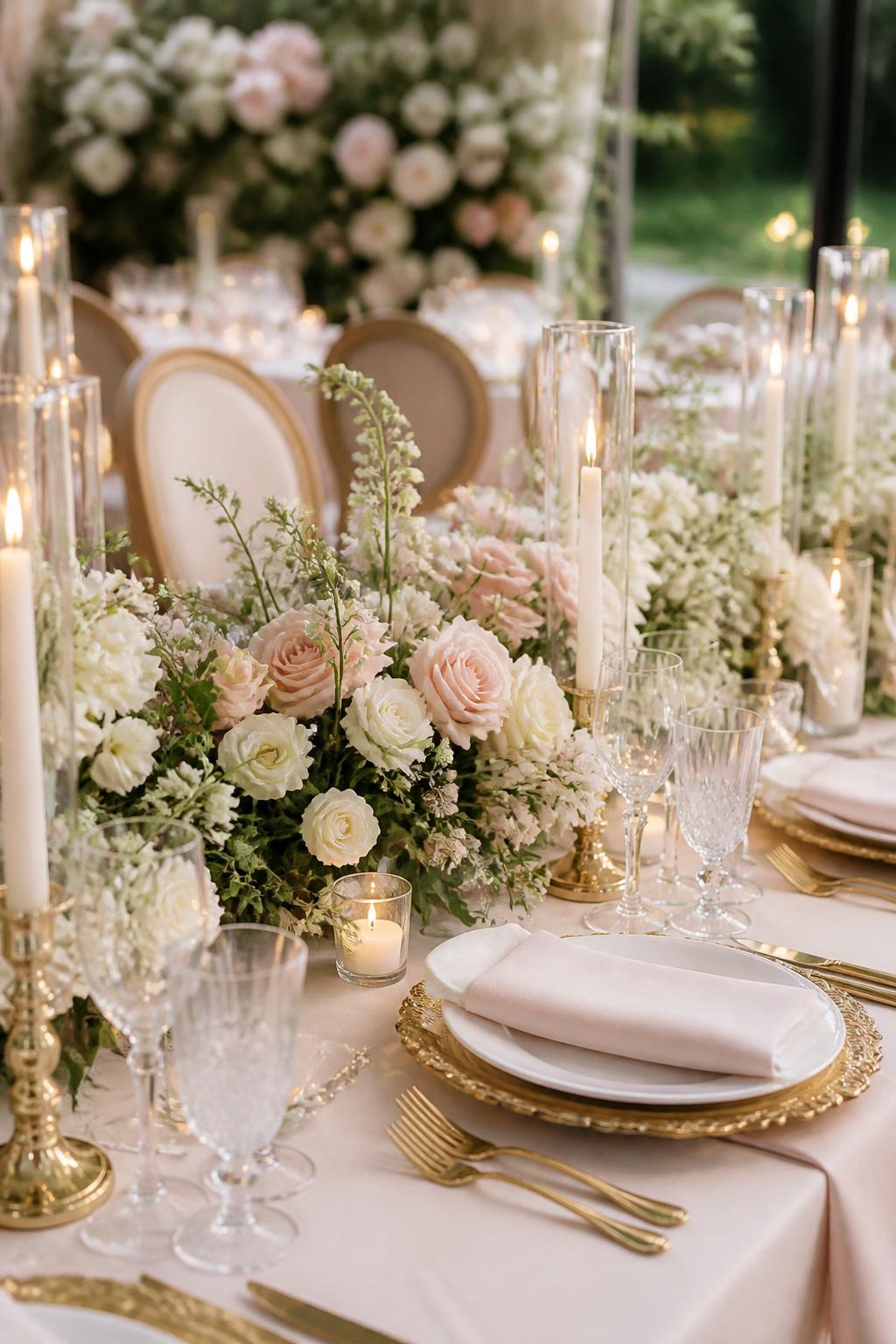 Image Prompt:
A romantic wedding reception table showing blush flowers, ivory blooms, gold chargers, gold flatware, white plates, crystal glasses, ivory candles, and soft linen. Elegant garden or ballroom wedding reception setting, no visible faces, no text, no watermark, realistic DSLR wedding photography, (no watermarks on images)