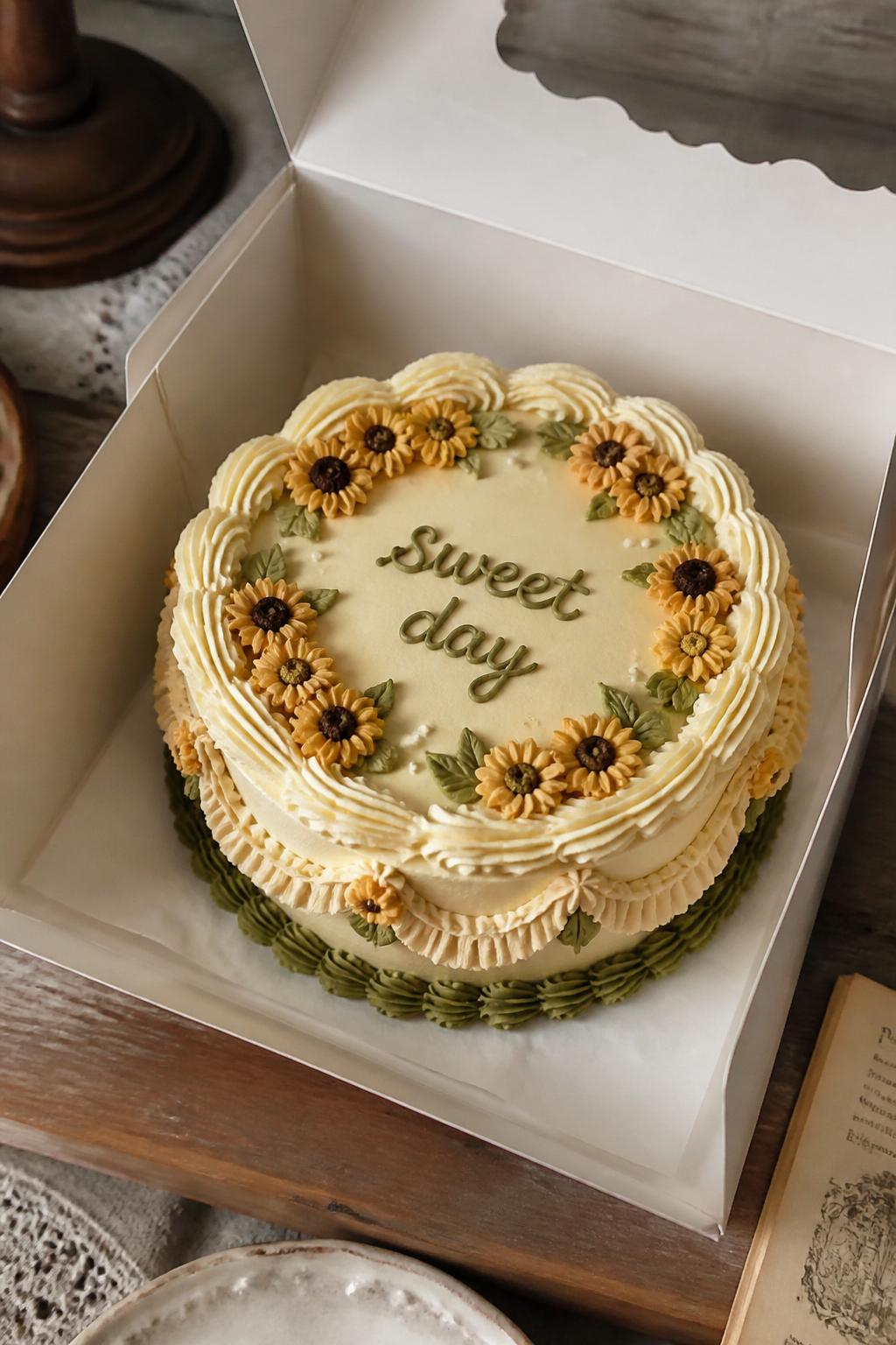 Image Prompt:
A vintage style sunflower bento cake inside an open white cake box, soft buttercream frosting, detailed shell borders, ruffle piping, tiny piped sunflowers around the edges, delicate green leaf details, handwritten icing text reading “sweet day,” warm rustic bakery styling, realistic close-up dessert photography, no people, no hands, no faces, no watermarks on images