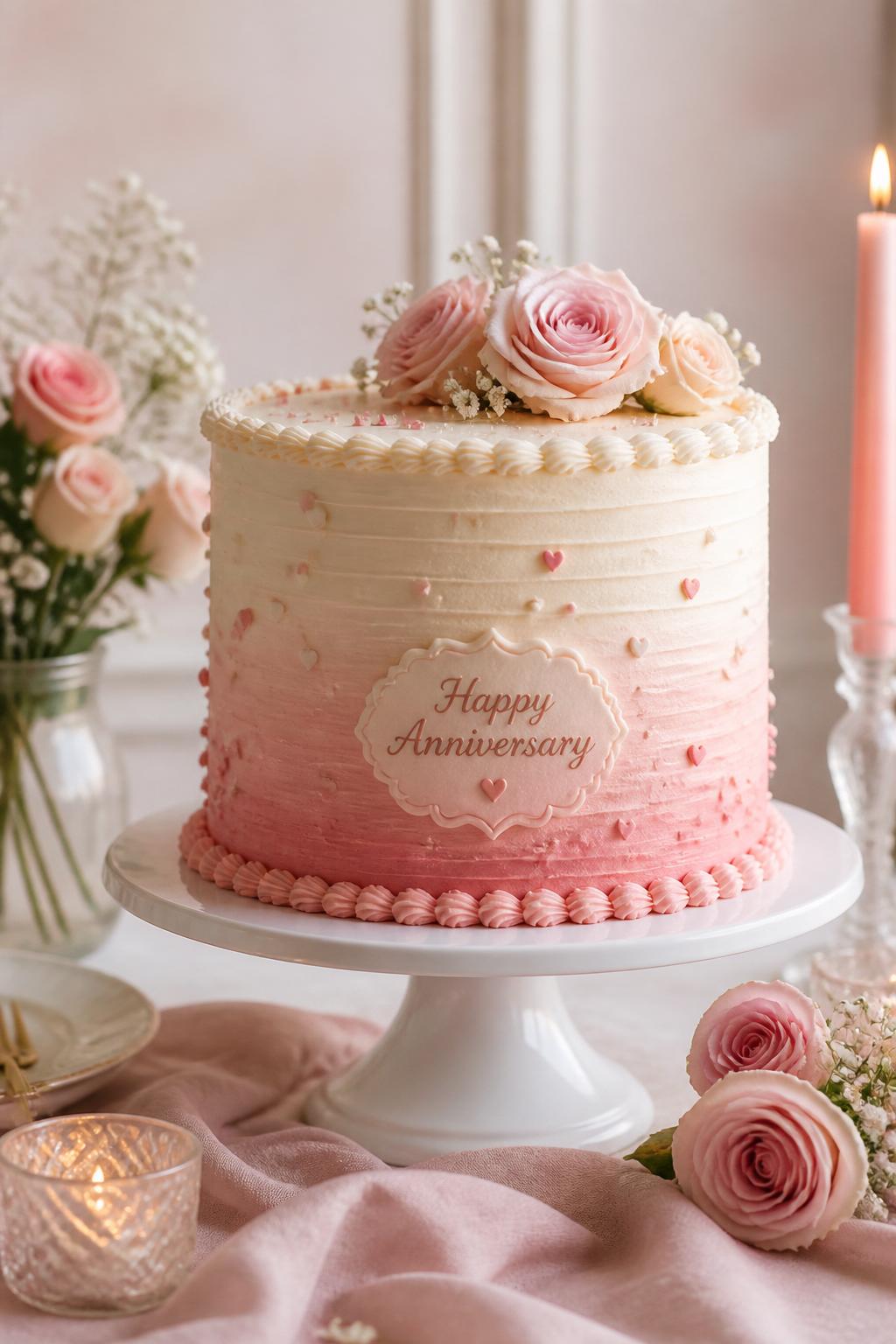 Image Prompt: A blush ombre anniversary cake with buttercream fading from ivory to soft pink, tiny heart sprinkles, delicate piping, and small blush roses on top. Place it on a white cake stand with soft florals, candles, and pale pink linen. Make it romantic, soft, and realistic, with editorial food photography, no people, no faces, no watermark. (no watermarks on images)