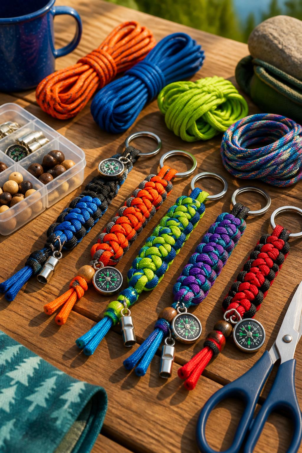 Detailed Image Prompt:
A sporty summer camp craft photo showing colorful paracord keychain pulls, braided cords in bright camp colors with metal keyrings, small compass charms, whistle charms, and wooden beads, arranged on a picnic table with extra cord and scissors nearby, outdoor adventure craft style, no people, no faces, no readable text, no watermark on images.