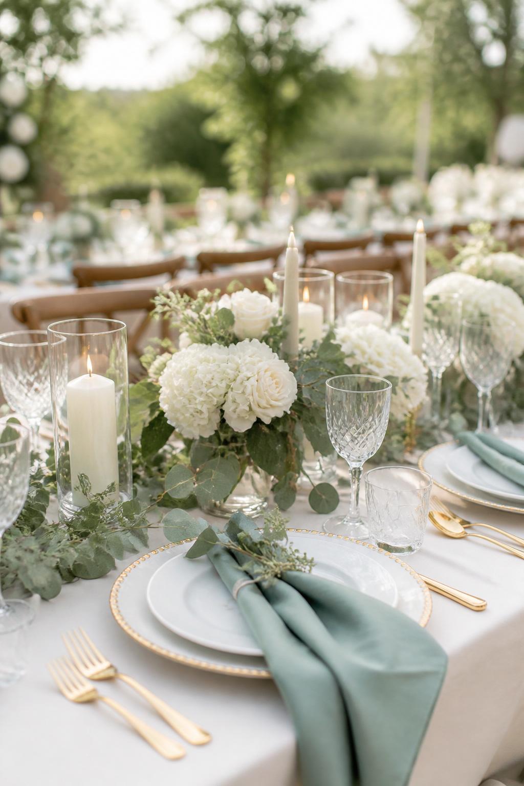 Image Prompt:
A fresh garden wedding table decorated with sage green napkins, white roses, white hydrangeas, eucalyptus greenery, ivory candles, white plates, gold flatware, and clear crystal glasses. Outdoor garden reception with soft natural light, no visible faces, no text, no watermark, professional DSLR editorial photography, (no watermarks on images)