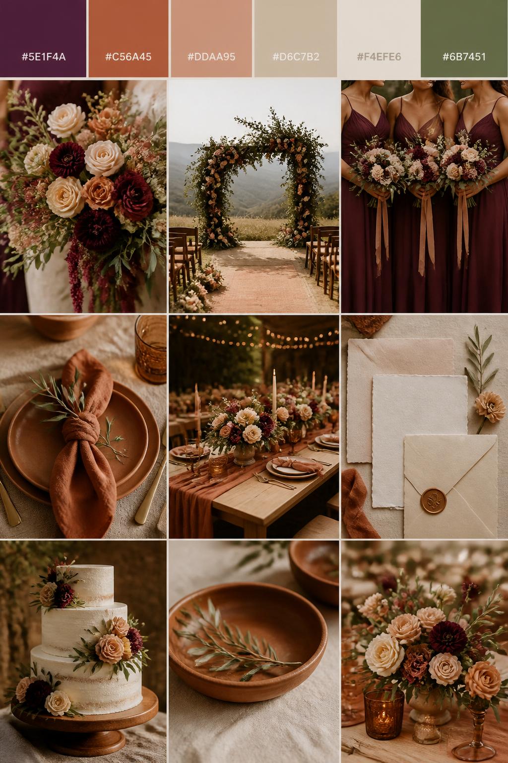 A wedding color mood board with a top strip of palette swatches and hex codes in mulberry, terracotta, dusty peach, sand beige, cream, and olive green. In the collage below, include earthy floral arrangements, warm-toned reception tables, mulberry dresses, terracotta napkins or ceramics, wedding stationery with soft textures, and a natural ceremony setup. Keep the styling earthy, warm, and romantic with realistic DSLR photo quality and a polished Pinterest collage layout. 9:16 vertical format. No extra text except small hex codes on the palette strip. (no watermarks on images)