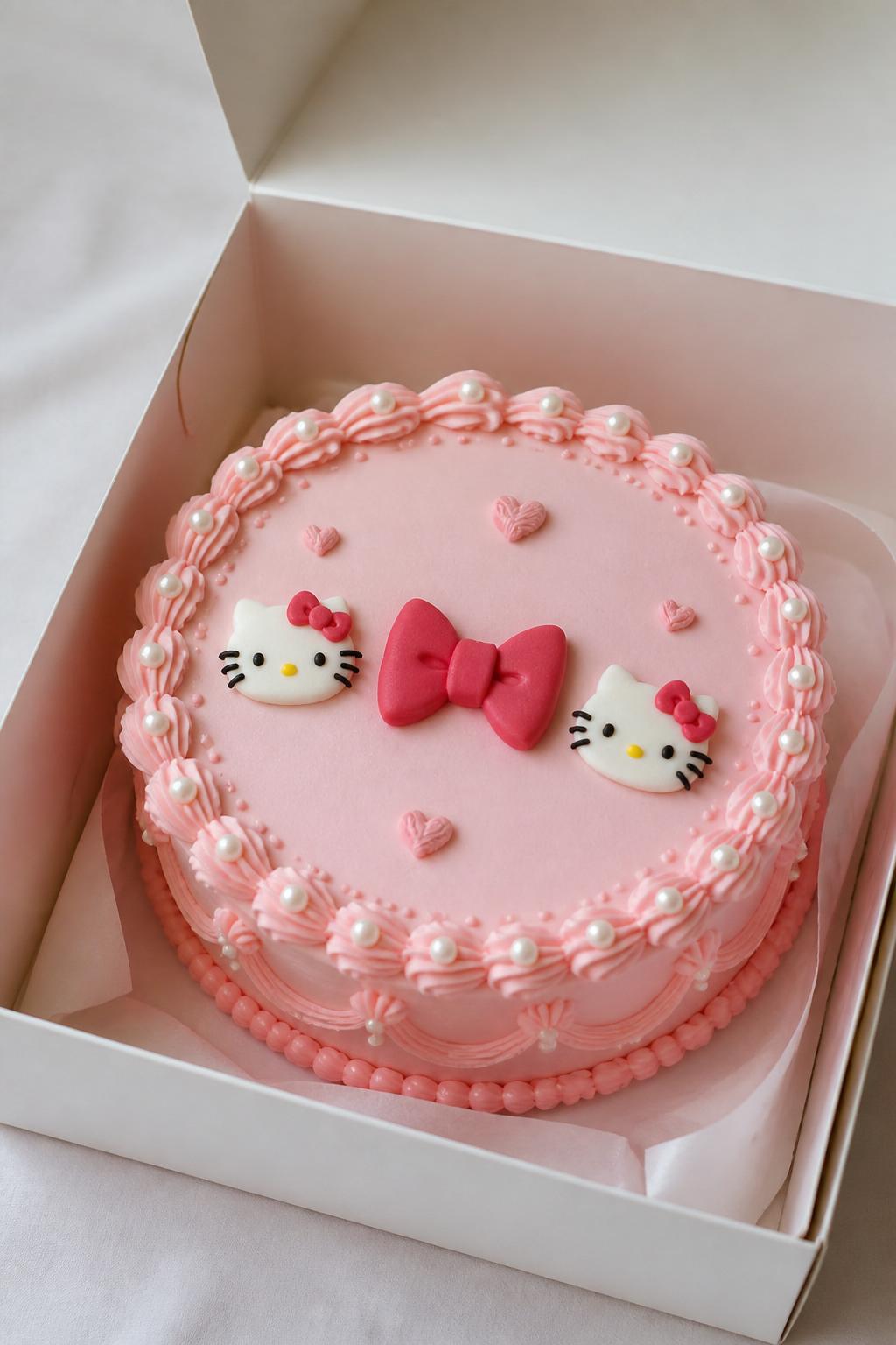 Image Prompt:
A beautiful Hello Kitty inspired bento cake inside a white cake box, smooth baby pink frosting, tiny pearl accents placed neatly around the top edge, central red or pink bow detail, small Hello Kitty face accents, delicate scalloped border, soft luxury bakery styling, realistic editorial dessert photography, no people, no hands, no faces, no watermarks on images