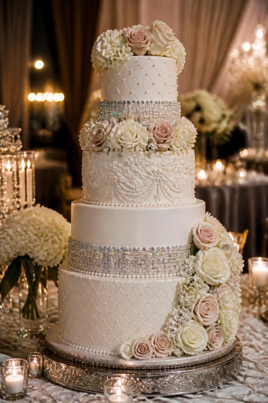 Image Prompt: Ultra-realistic wedding reception image featuring a floral and bling wedding cake with white tiers, crystal detailing, and soft blush, ivory, or white flowers arranged elegantly across the cake. Show the cake in a real wedding party scene with floral decor, candles, dressed tables, and a beautiful reception atmosphere. The cake must be the main subject. No visible faces. If people appear, use only blurred side views, cropped-from-neck figures, or hands adjusting decor. Realistic flower texture, crystal sparkle, and professional wedding styling. Editorial wedding photography, ultra-realistic, detailed and romantic. (no watermarks on images)